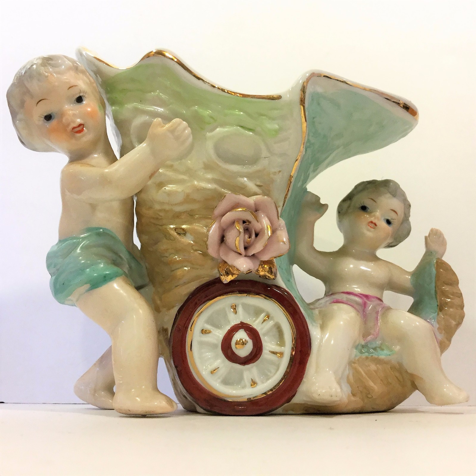 Vtg Japan Porcelain Ceramic Vase Horn of Plenty Cherub Cornucopia Wagon Compote