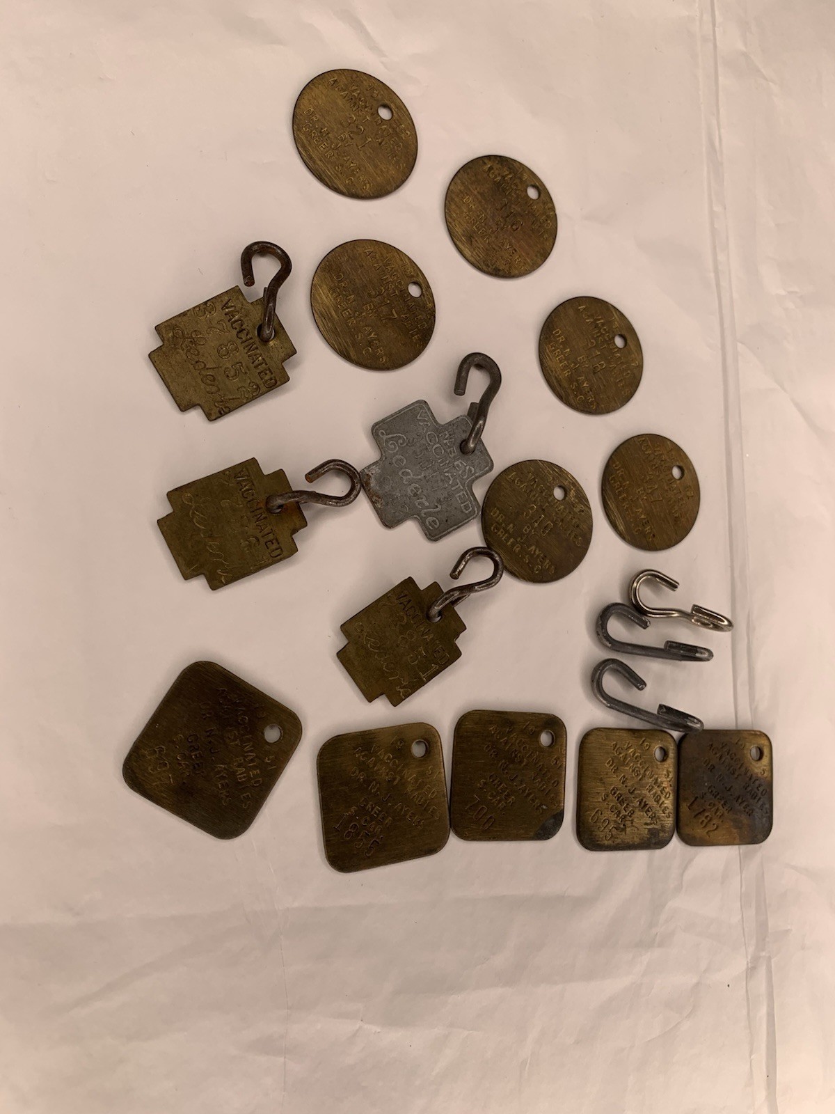 15 Vtg 1951-52 Brass Dog Tags License Vaccine Southern South Carolina 