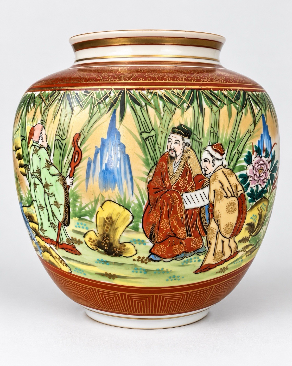 Vintage Japanese Kutani Porcelain Vase 10” Hand Painted Asian Figures Gold Gilt