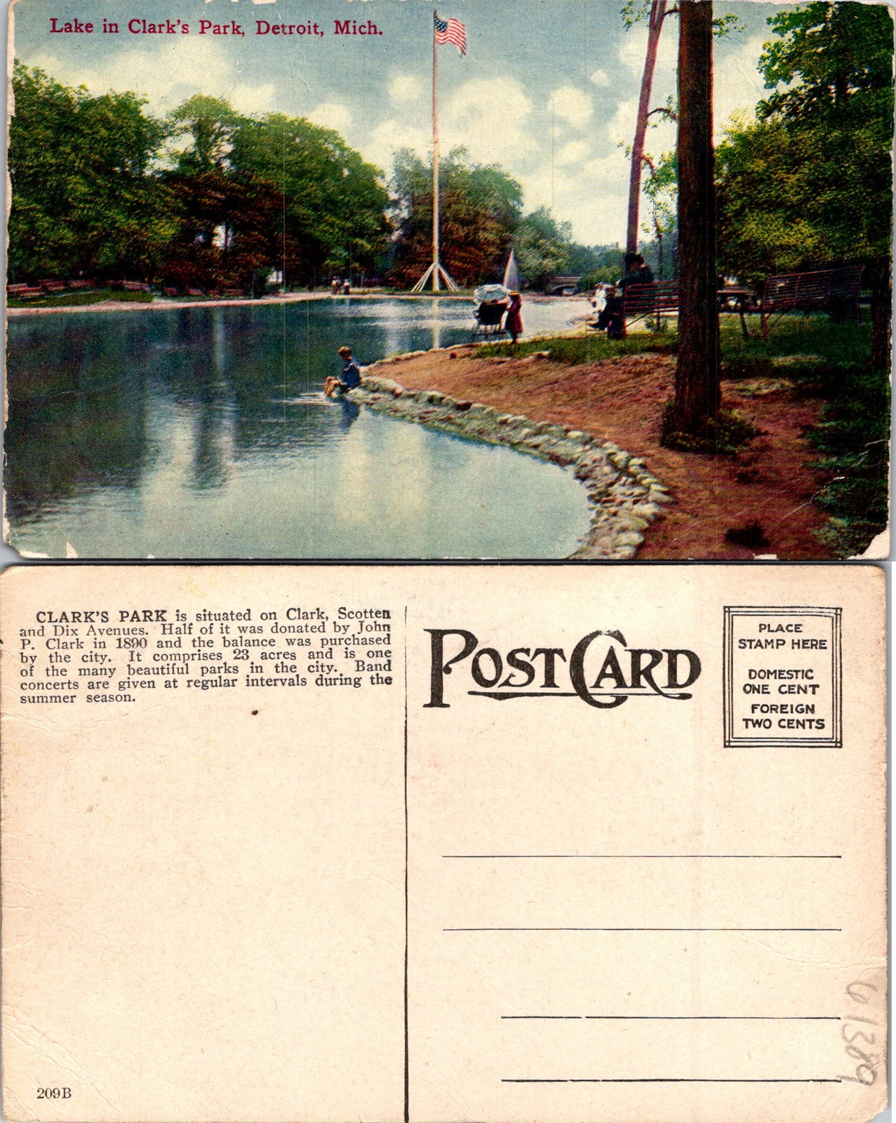 Detroit MI Lake In Clark\'s Park American Flag Postcard 61389