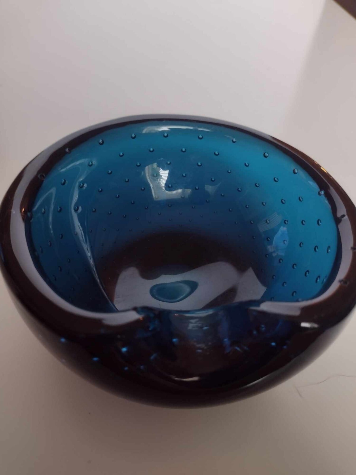 Rare Venini Murano Blue Controlled Bubble Art Glass Bowl Bullicante Italy