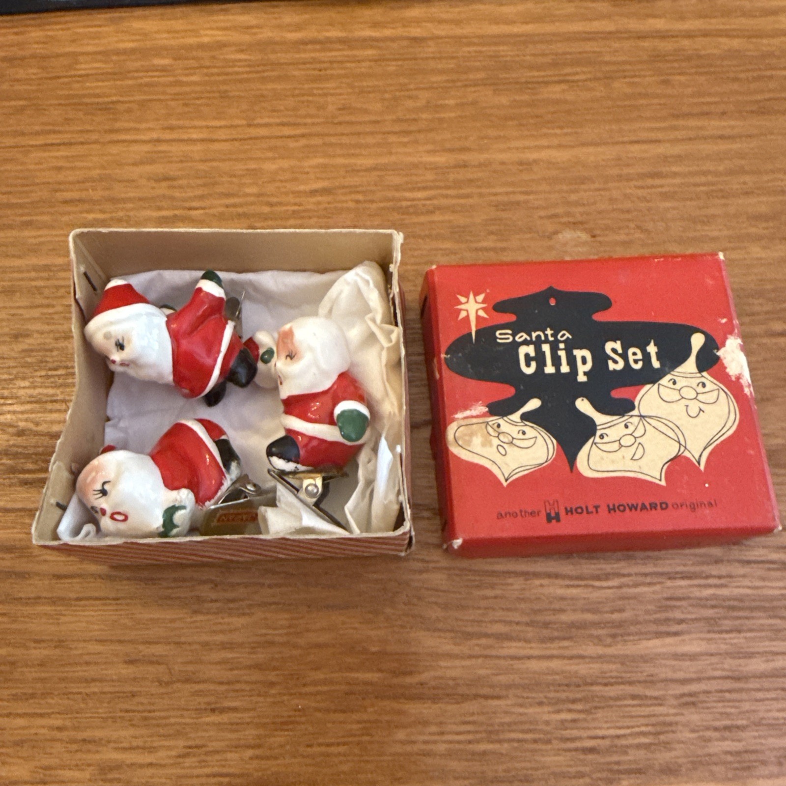 Holt Howard Santa Clip Set Of 3 With Original Box Vintage Christmas Ceramic Holt Howard Santa Clip Set Of 3 With Original Box Vintage Christmas Ceramic