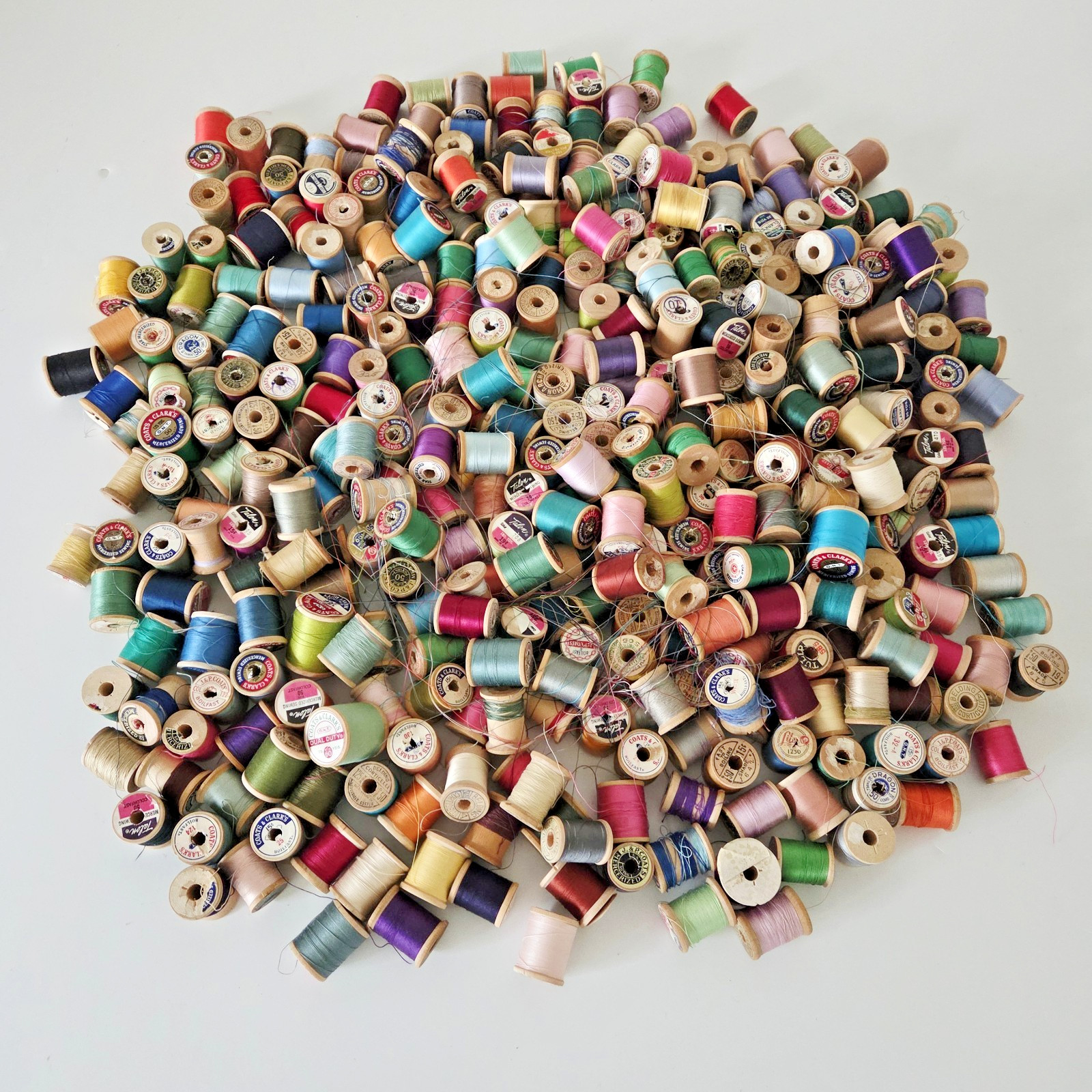 HUNDREDS of Vintage WOODEN Spools of THREAD