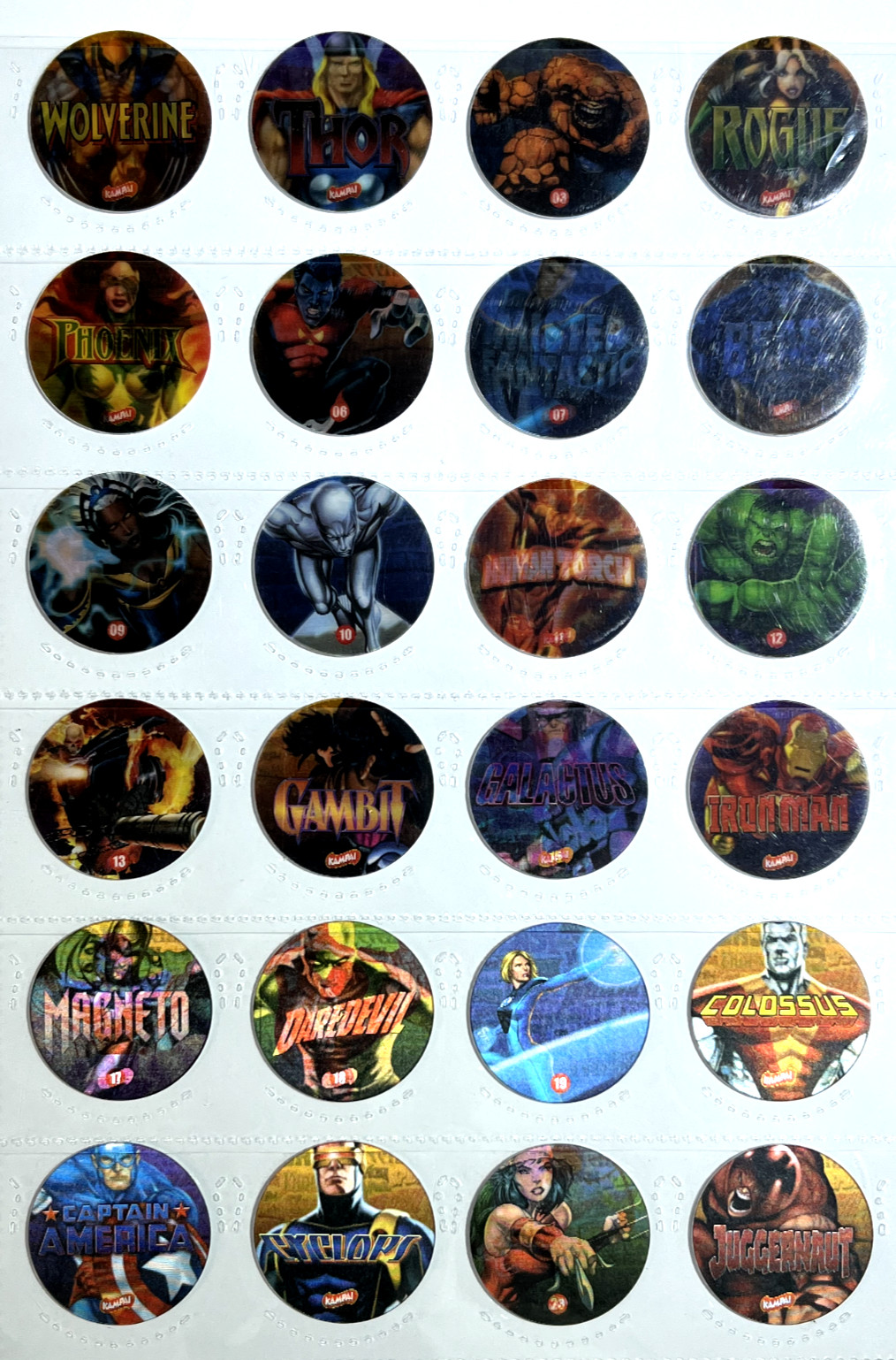 MARVEL HEROES TAZOS 3D Full Set 24/24 Pogs PERU 2007 Lenticular Wolverine Hulk