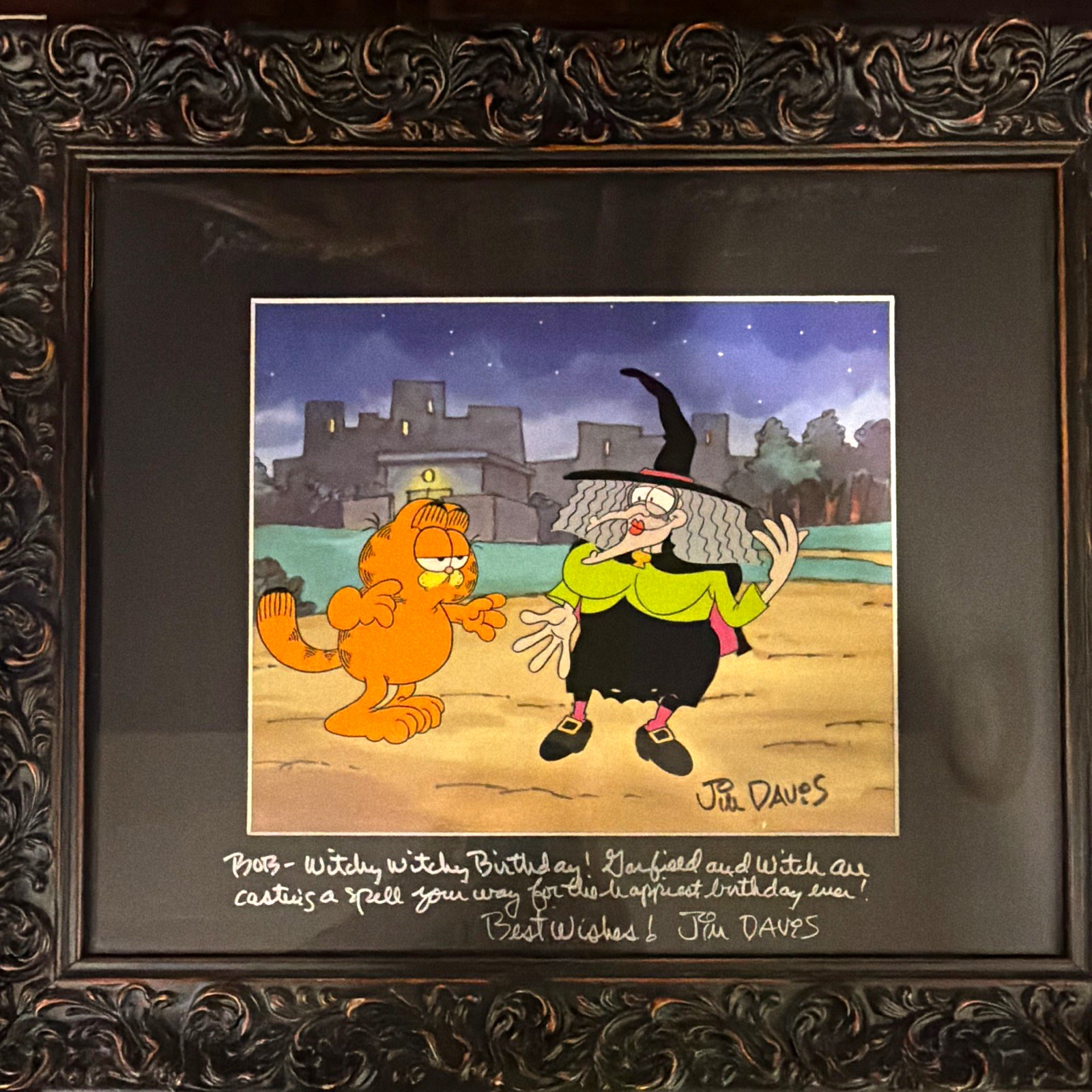 Garfield Drawing Signed & Inscribed by Jim Davis, Framed Matted Animation Art