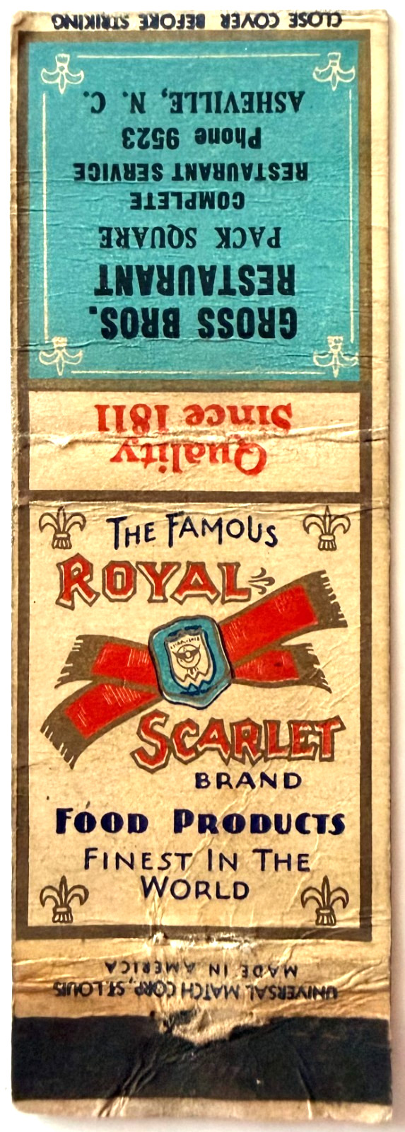 1940s Gross Bros Restaurant Matchbook Cover Asheville NC Royal Scarlet Vintage