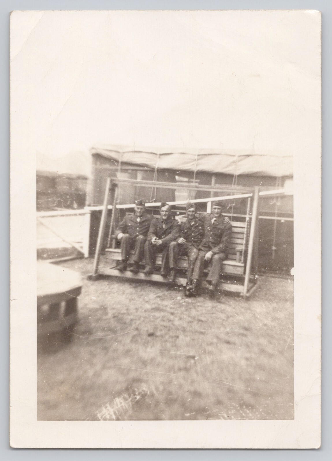 4 Soldiers Arms Around Each Other On Wooden Swing WWII 1940s Photo Snapshot