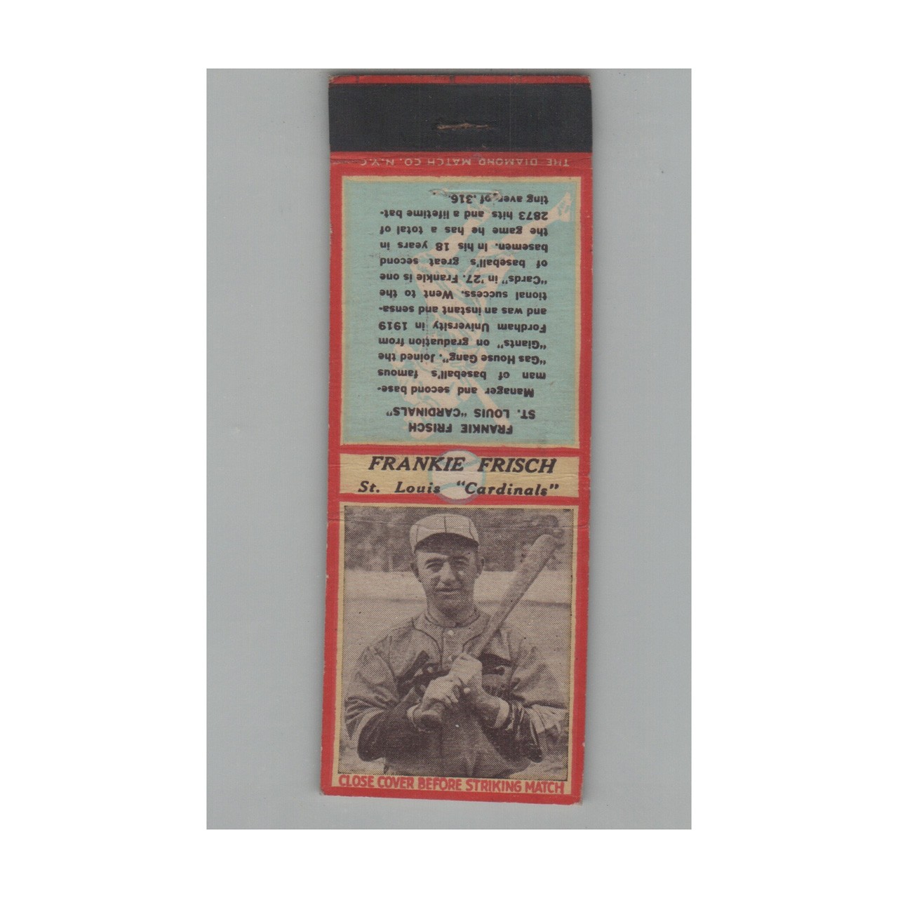 Matchbook Cover Frankie Frisch St. Louis Cardinals 1930s Baseball Hall Of Fame