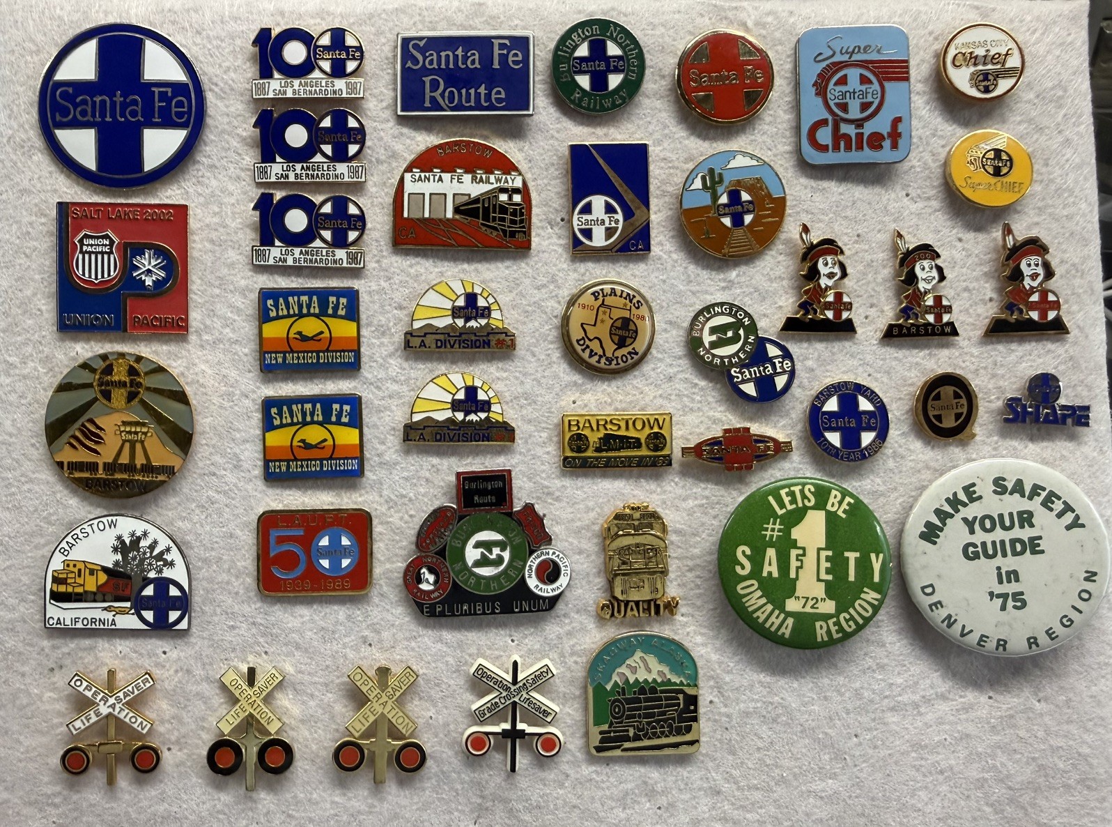 Lot of 40 Vintage Train Railroad Santa Fe lapel pins and buttons Lot of 40 Vintage Train Railroad Santa Fe lapel pins and buttons