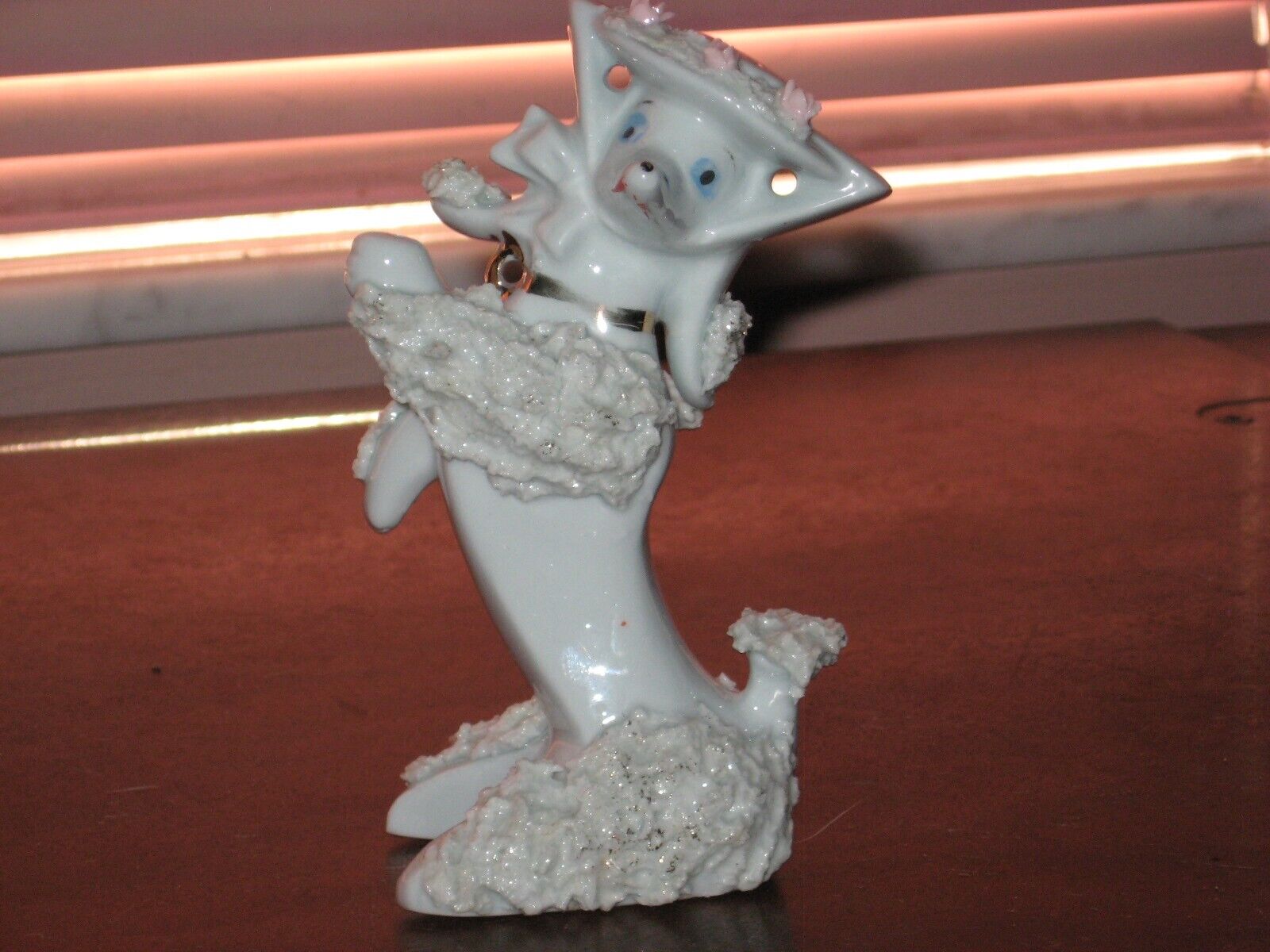 Vintage pale blue spaghetti style poodle figurine with fancy hat  5\