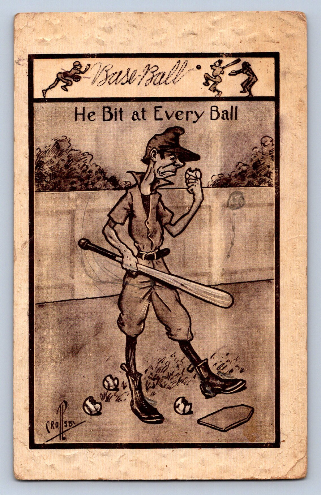 J96/ Baseball Postcard Comic c1910 He Bit at Every Ball Player Crosby 174