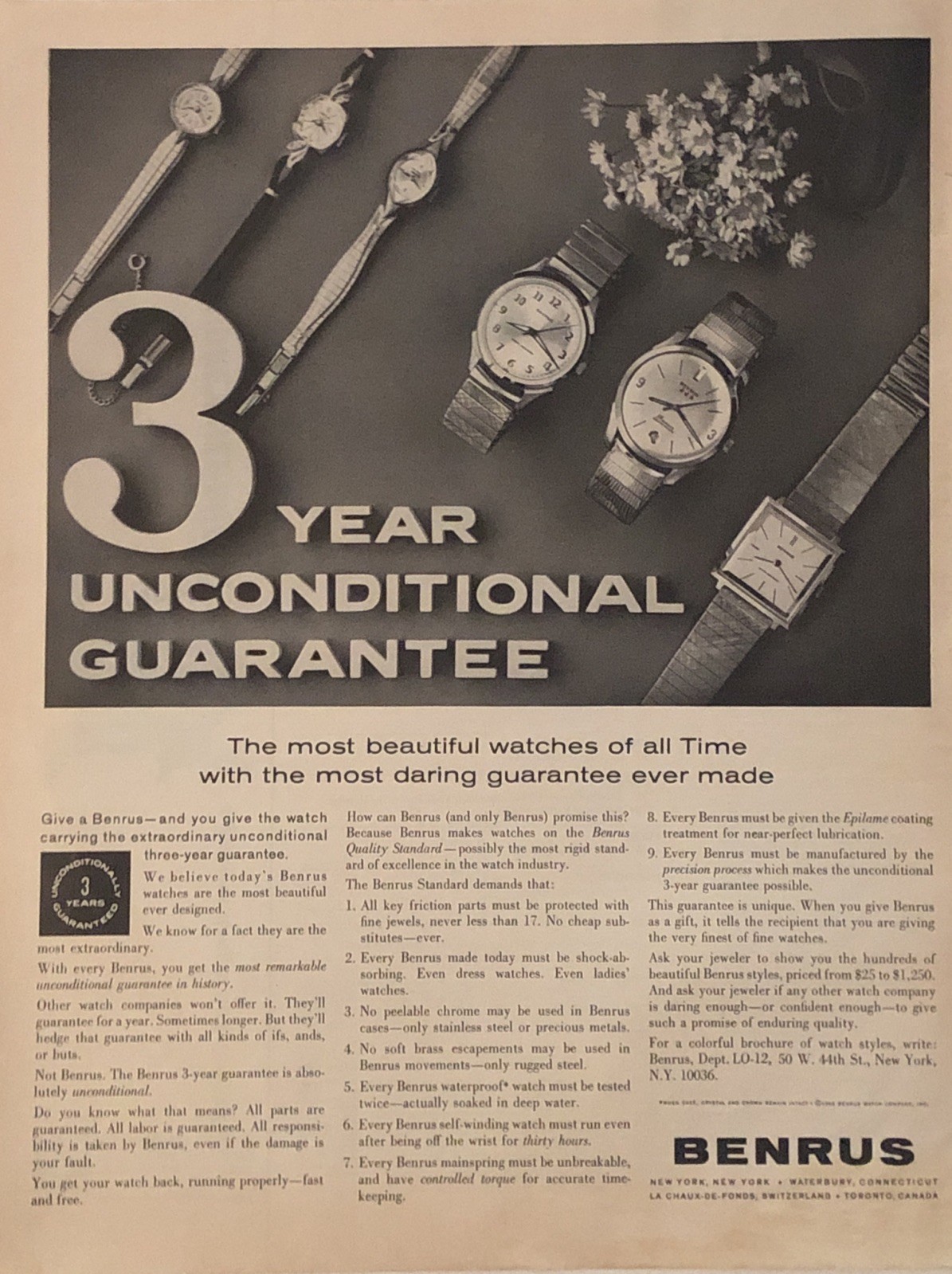 1963 Benrus Watch PRINT AD  3 Year Guarantee VTG 1960s Quality Standard Demands