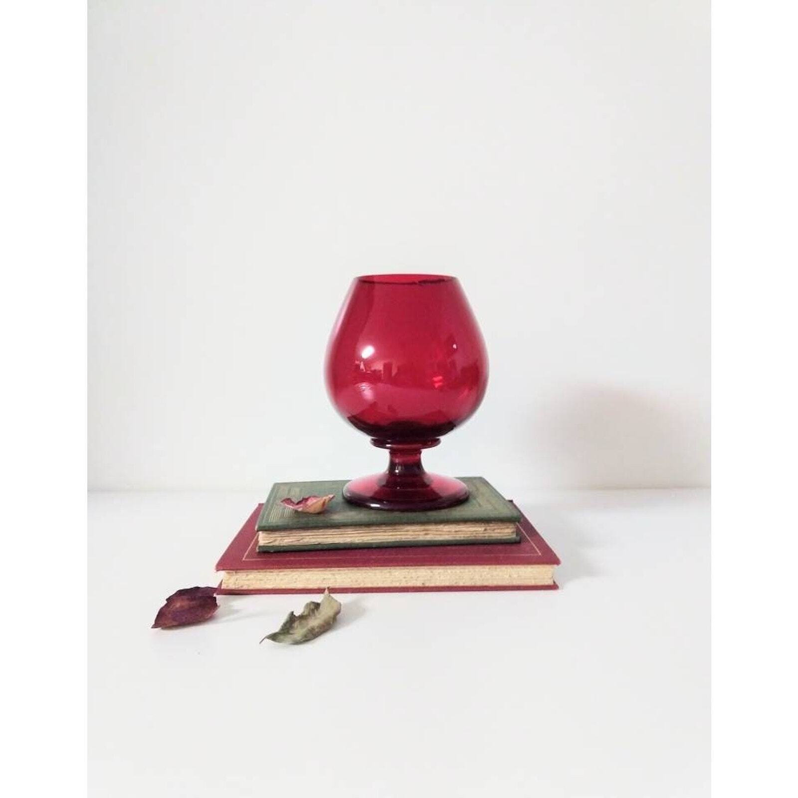 Deep Red Glass Brandy Snifter Vase Glass Pedestal Compote Bowl 