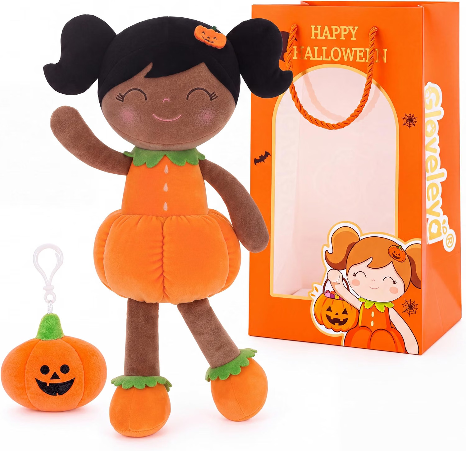 Halloween Plush Toy - African American Pumpkin Doll, Keychain & Gift Bag Set