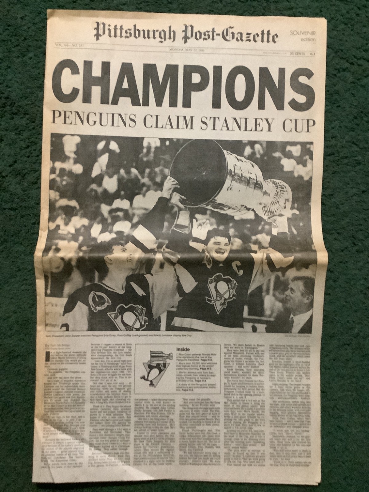 Pittsburgh Post Gazette 1991 Champions Penguins Claim Stanley Cup Newspaper