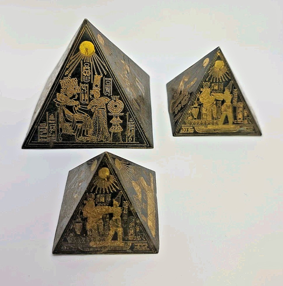 Vintage Etched Brass Egyptian Revival Pyramid Lot of 3 Paperweights Vintage Etched Brass Egyptian Revival Pyramid Lot of 3 Paperweights