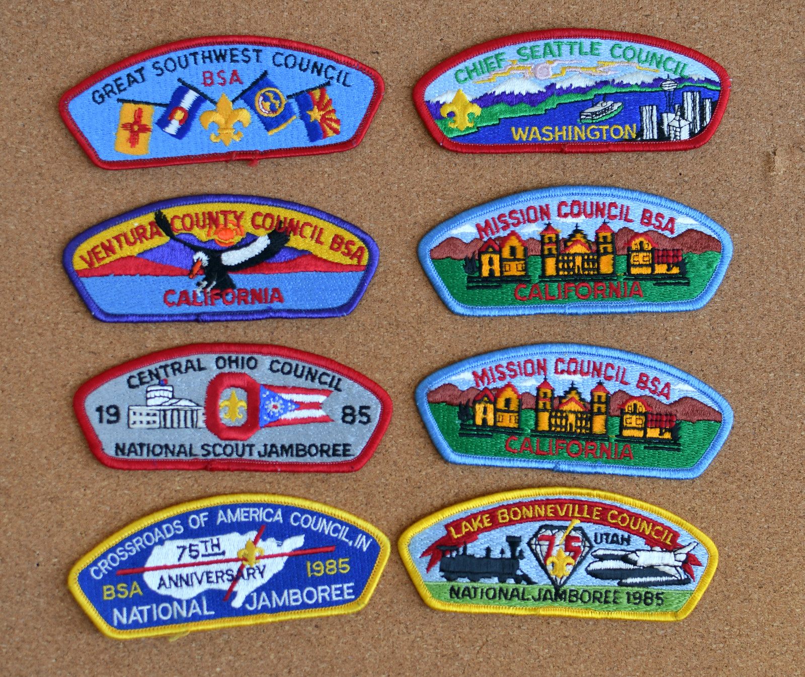 Vintage 1985 Set of 8 BSA Boys Scout America Jamboree Shoulder Pocket  Patch