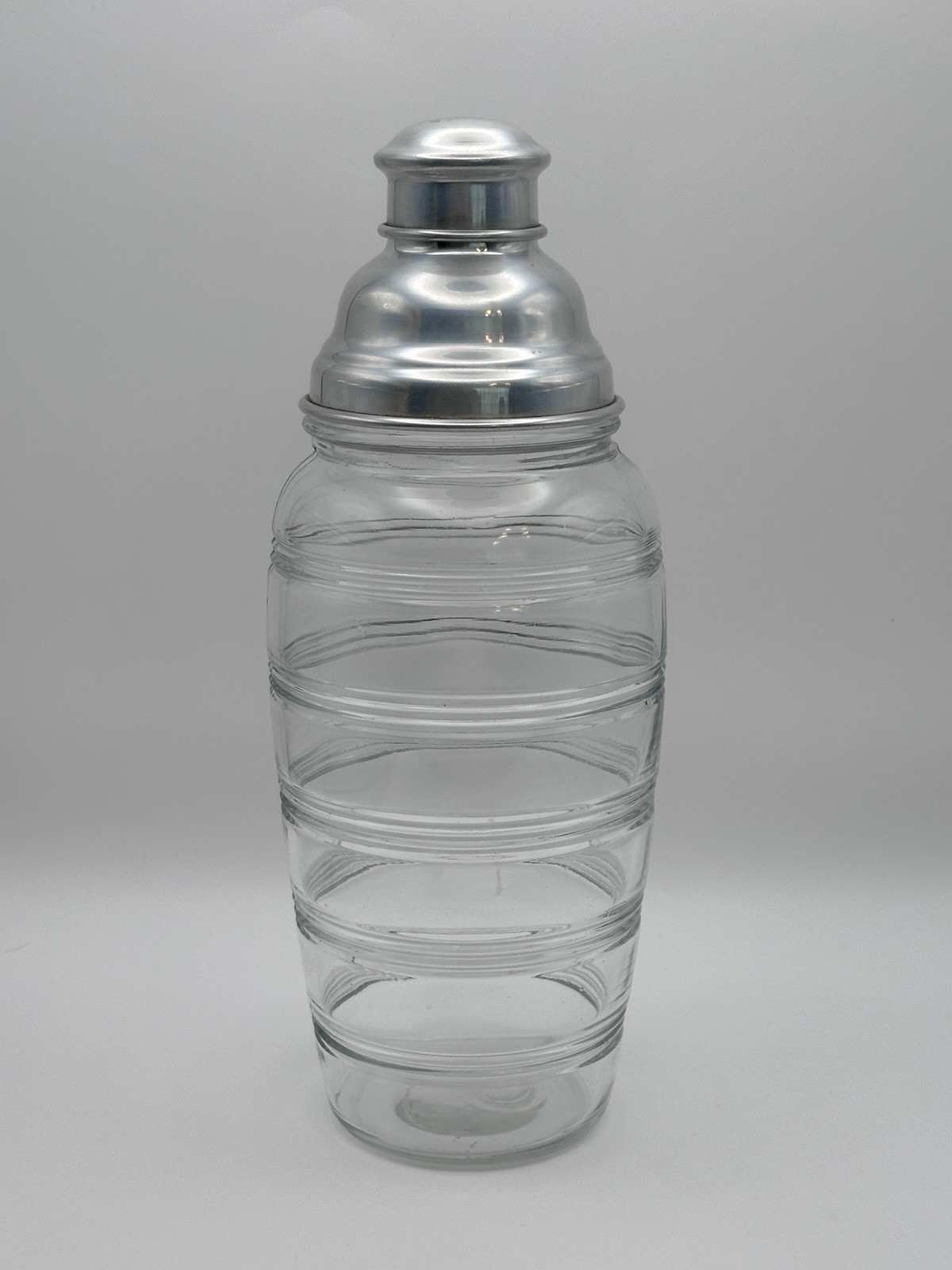 Vintage 1930's Anchor Hocking Banded Rings Cocktail Shaker Aluminum Lid 48oz