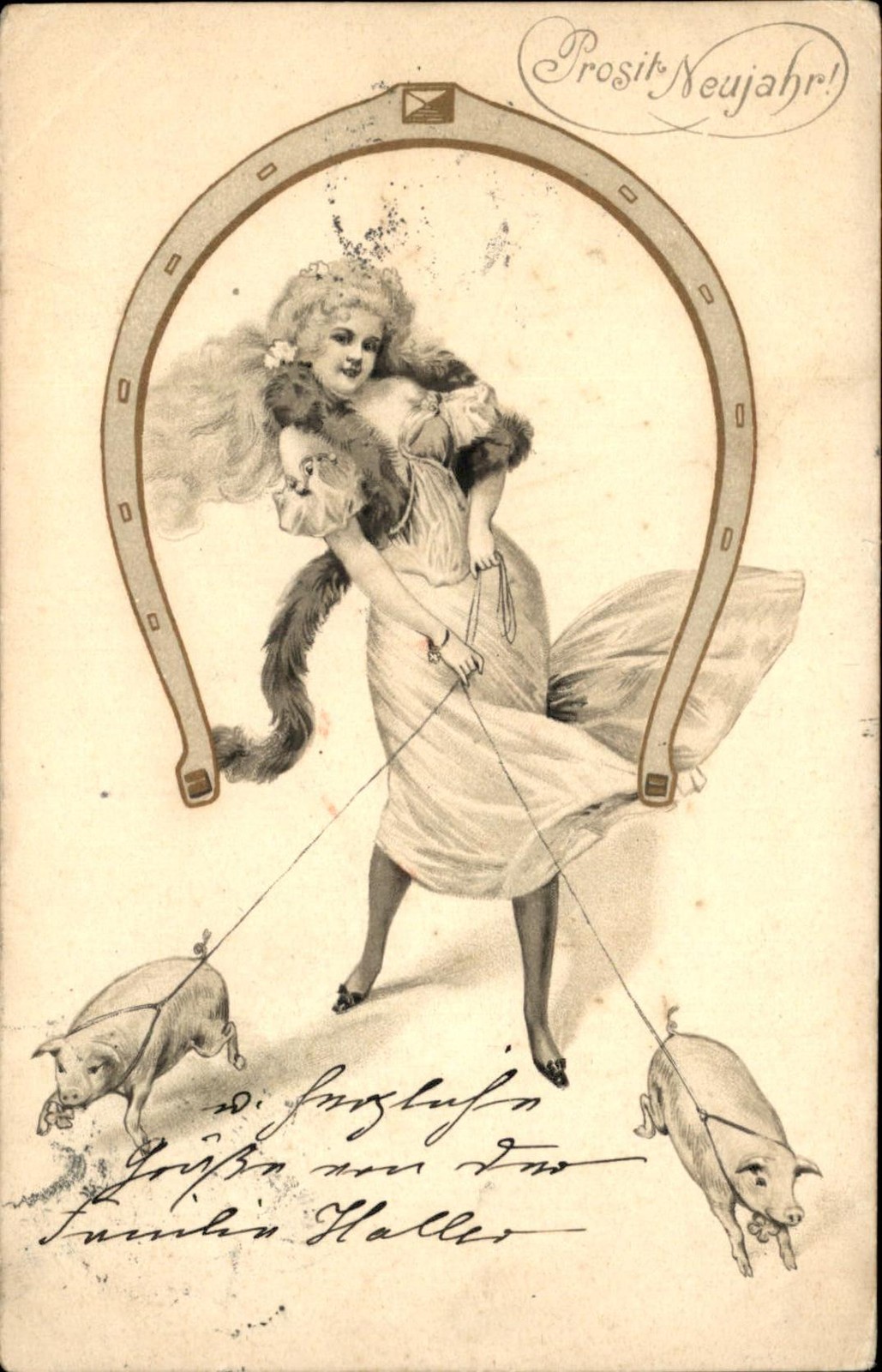 New Year's Woman with Horseshoe and Pigs c1900s-10s Vintage Postcard