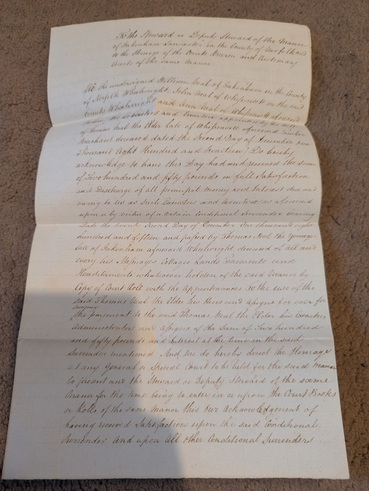 1828 Calligraphy Fakenham Lancaster John Neal Conditional Surrender Indenture