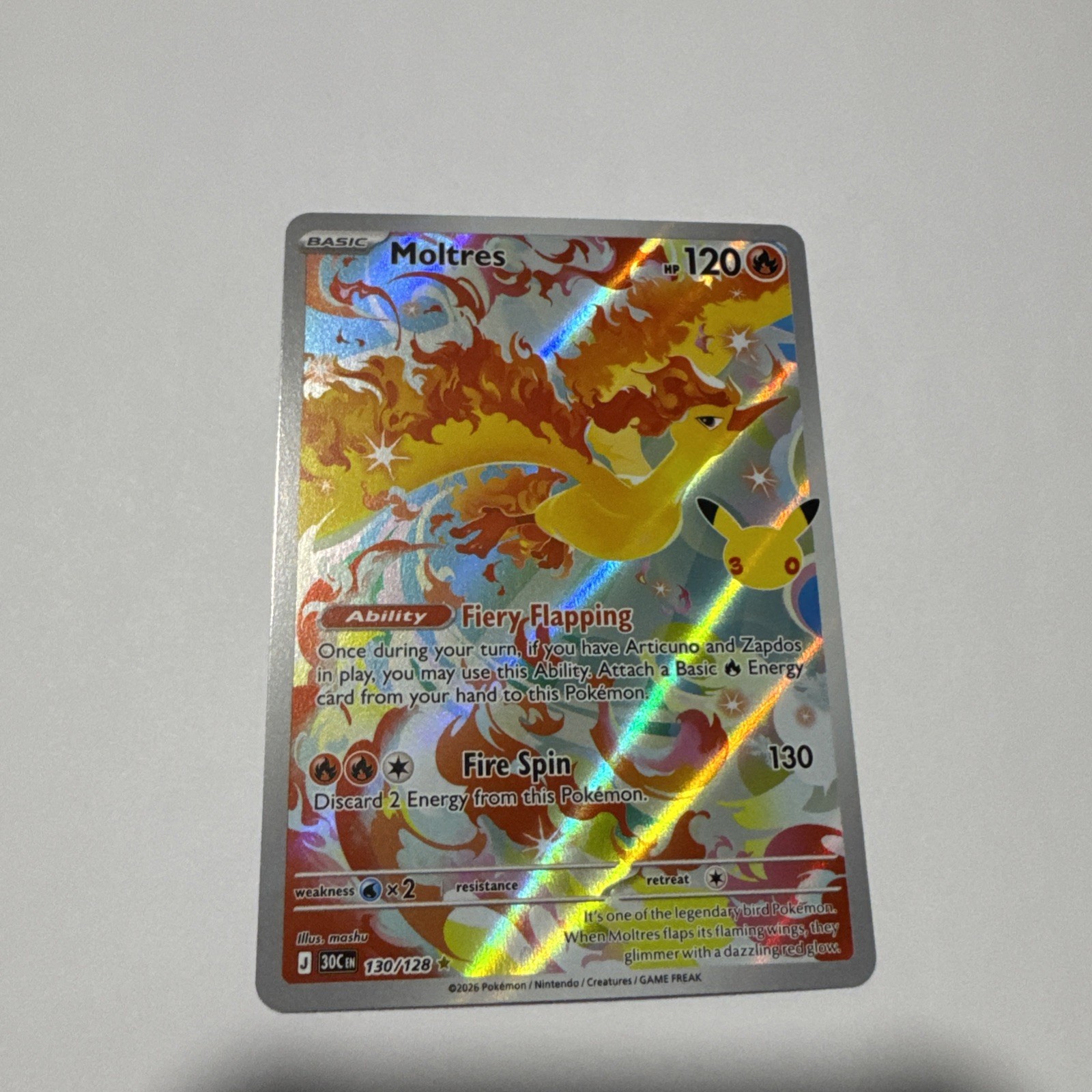 Pokémon 30th Anniversary Moltres IR illustration Rare 130/128 NM Pokémon 30th Anniversary Moltres IR illustration Rare 130/128 NM