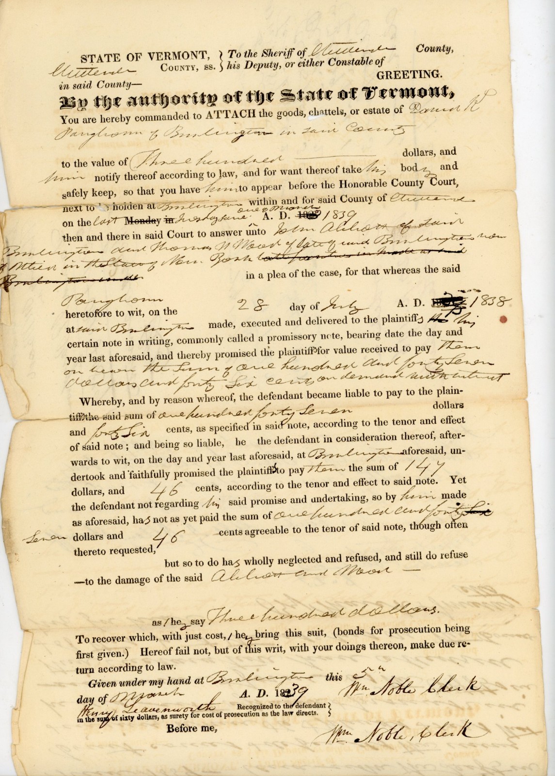 1839 Vermont Legal Document Court Burlington Promissory Note Signed Wm Noble 1839 Vermont Legal Document Court Burlington Promissory Note Signed Wm Noble