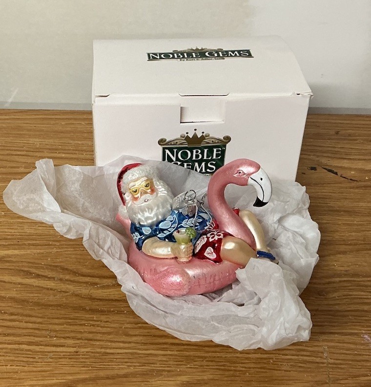 Noble Gems Santa with Flamingo Float Glass Christmas Ornament