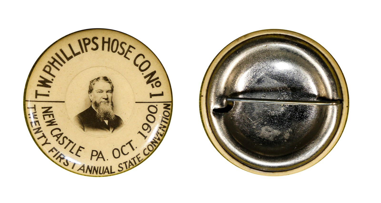 Antique 1900 Celluloid Pinback • T.W. PHILLIPS HOSE CO No. 1 NEW CASTLE PA