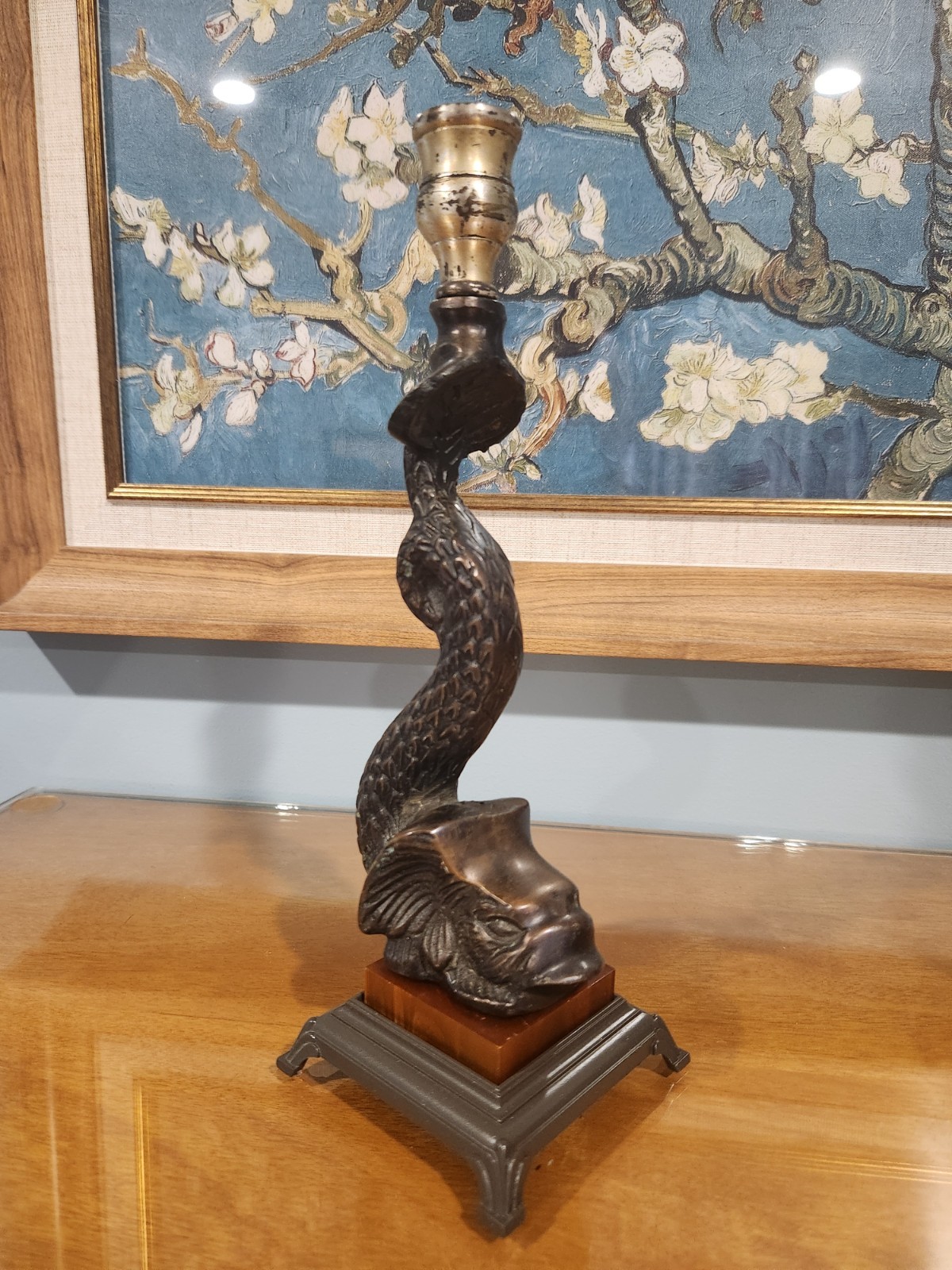 Vintage Asian Koi Dragon Candle Stick Holder Cast Heavy Vintage Asian Koi Dragon Candle Stick Holder Cast Heavy