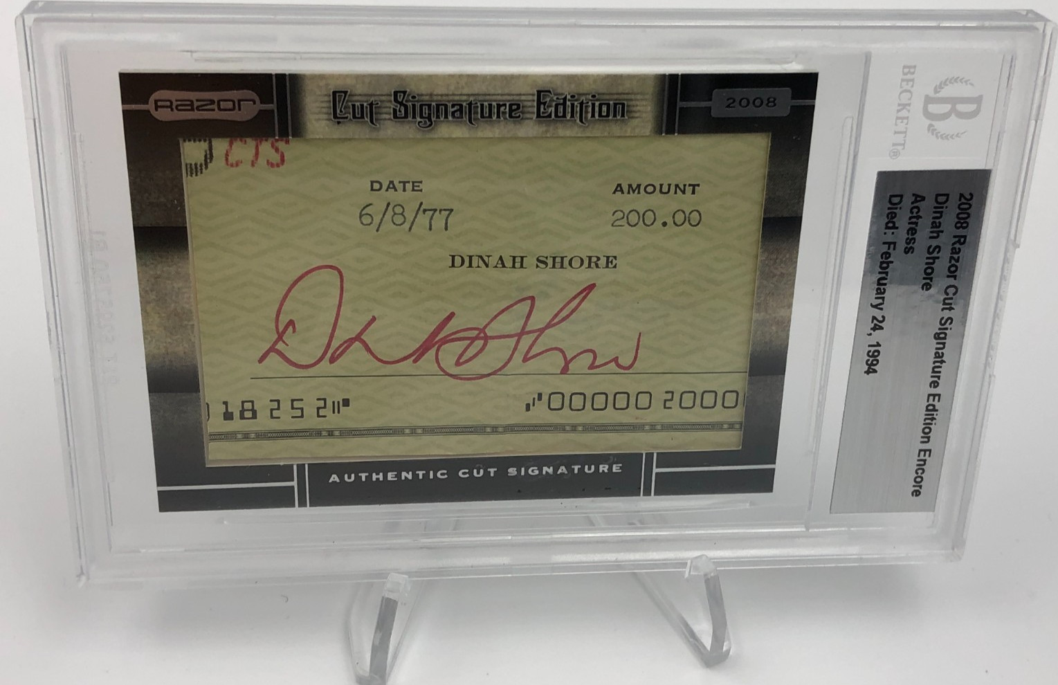 DINAH SHORE AUTO Card BECKETT 2008 Razor Cut Signed TV Host THE DINAH SHORE SHOW DINAH SHORE AUTO Card BECKETT 2008 Razor Cut Signed TV Host THE DINAH SHORE SHOW