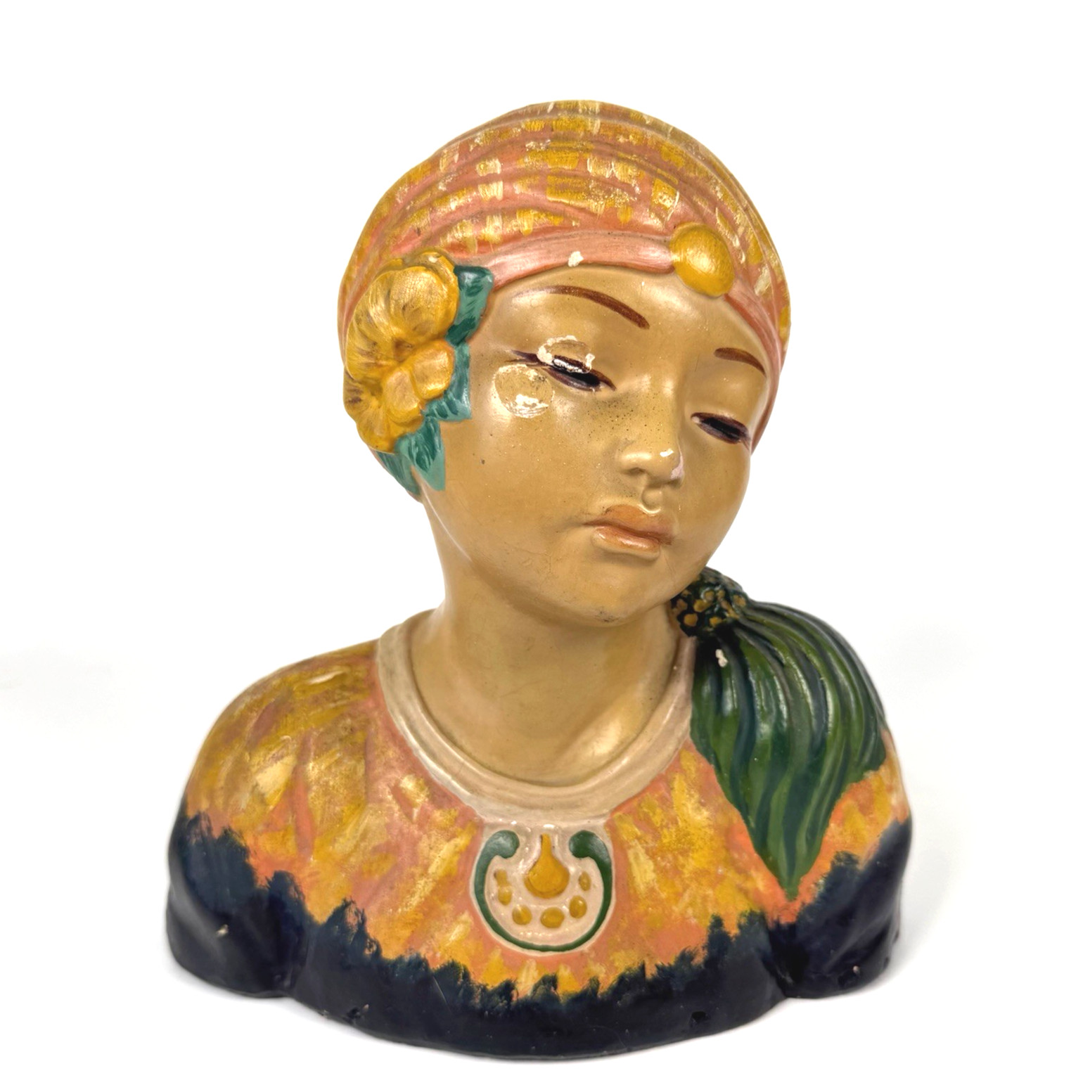1920s Leon Fighiera Chalkware Bust Female Gypsy Sculpture Italian American 1920s Leon Fighiera Chalkware Bust Female Gypsy Sculpture Italian American