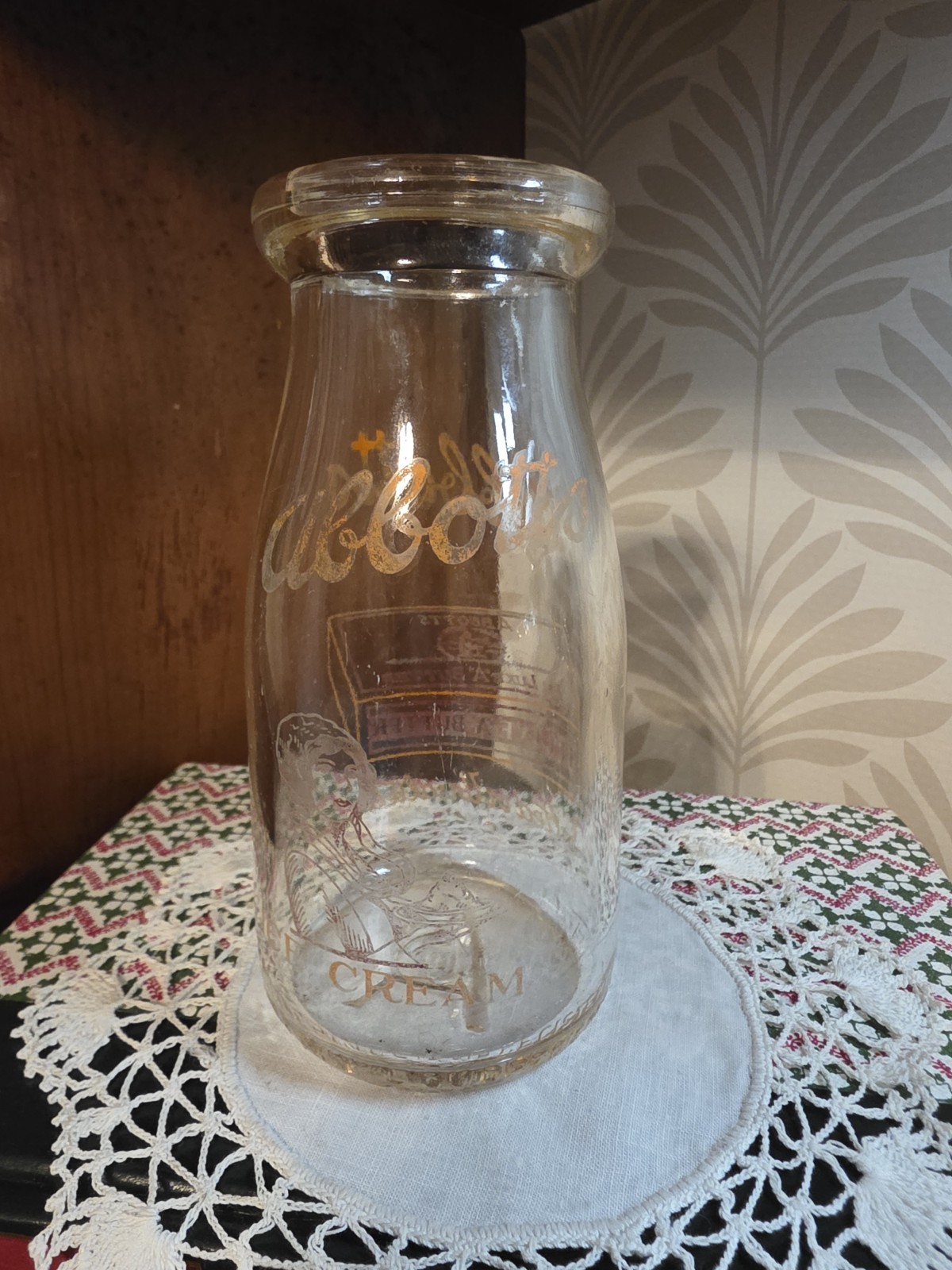 Vintage Abbott\'s Dairies Glass Cream Bottle Orange Pyro ACL Milkmaid Graphic