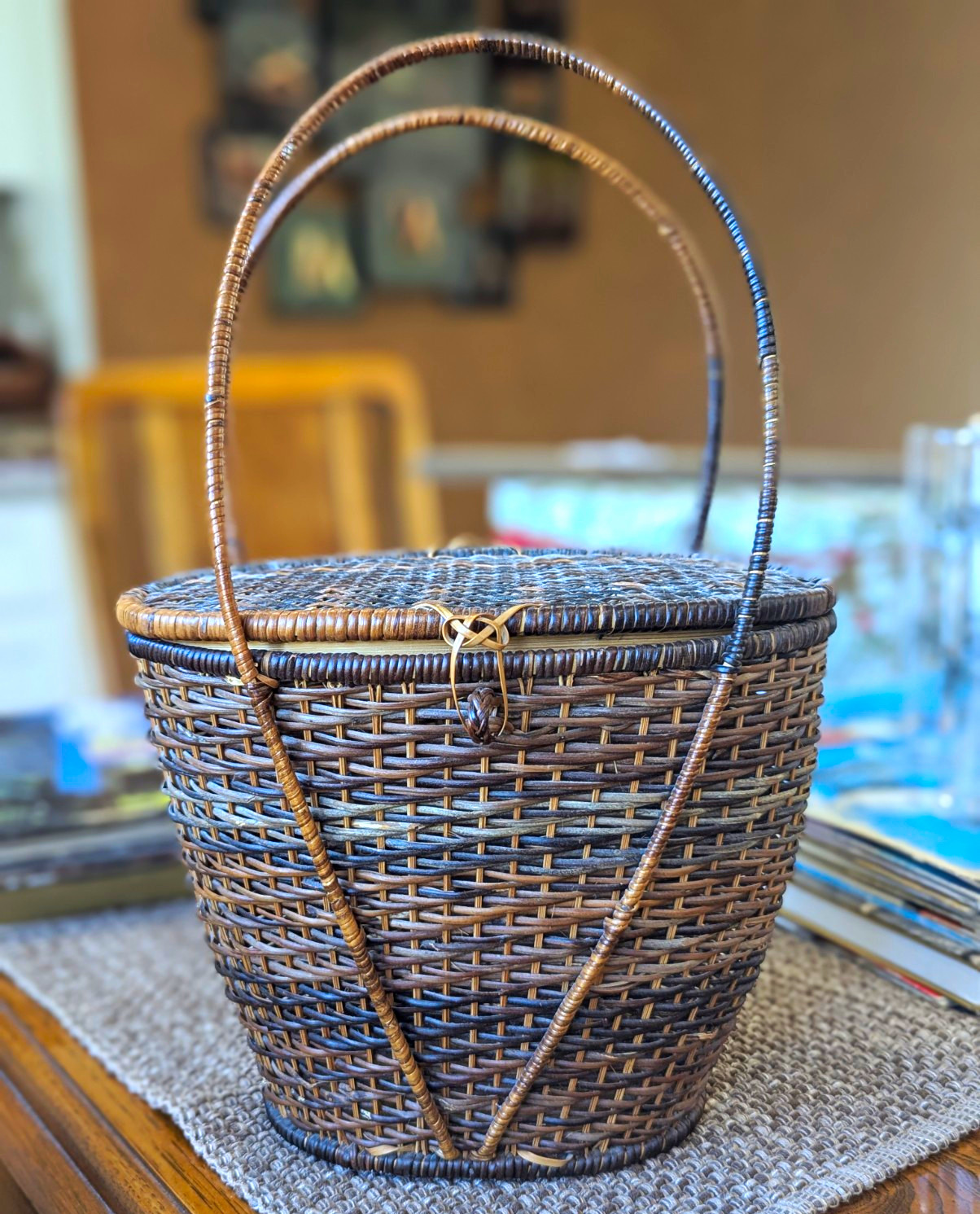 Vintage Handwoven Wicker Basket Purse Double Handles Fitted Lid Rattan