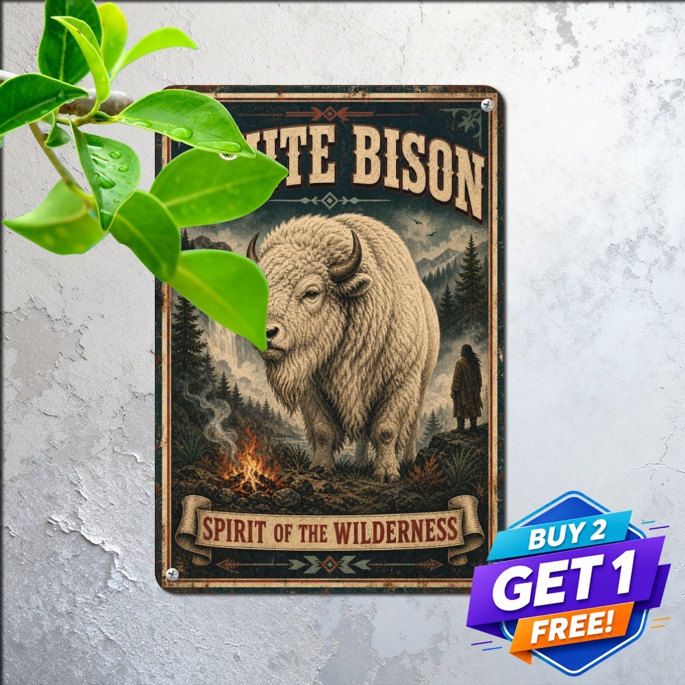 Sacred White Buffalo Spirit Native American Heritage Metal Plaque Tin Sign