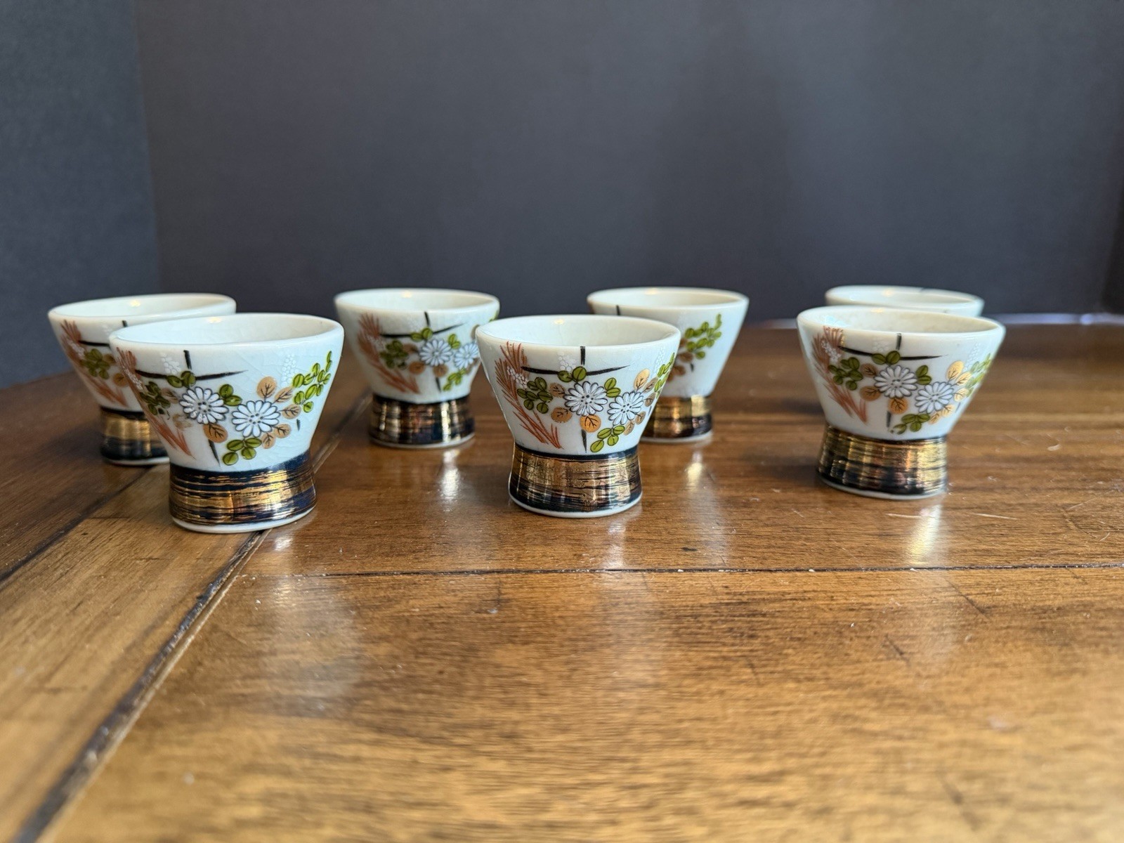 Vintage Kutani Ware Sake Cups Set of 7 Floral Gold Porcelain Japan Choko