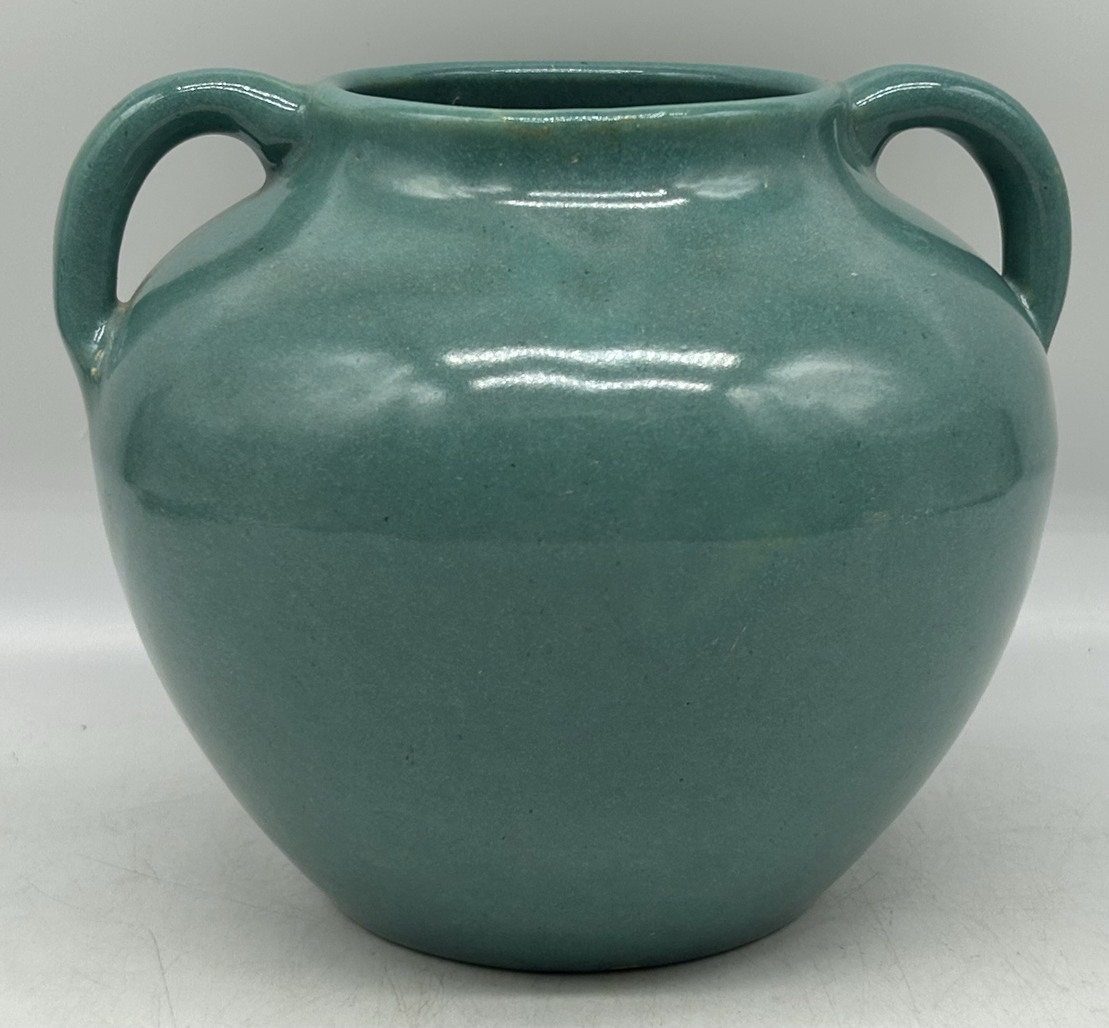 Zanesville Stoneware 1930s Vintage Pottery  Blue Green Handled Vase 317 Or B17