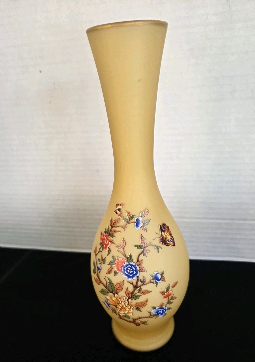Bristol Style Blown Yellow Glass Vase Handpainted Floral Design Made In Italy