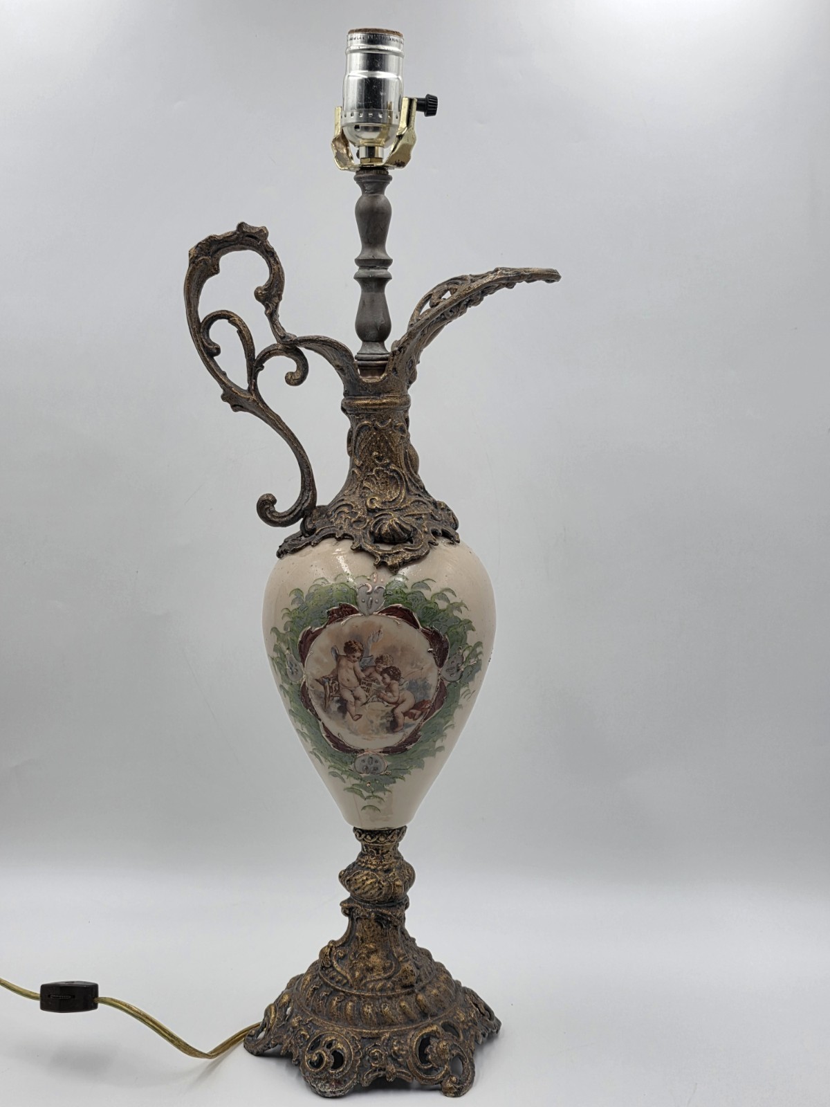 Antique Hand Painted Porcelain Cherub Ewer Table Lamp Ornate Gilt Metal 23