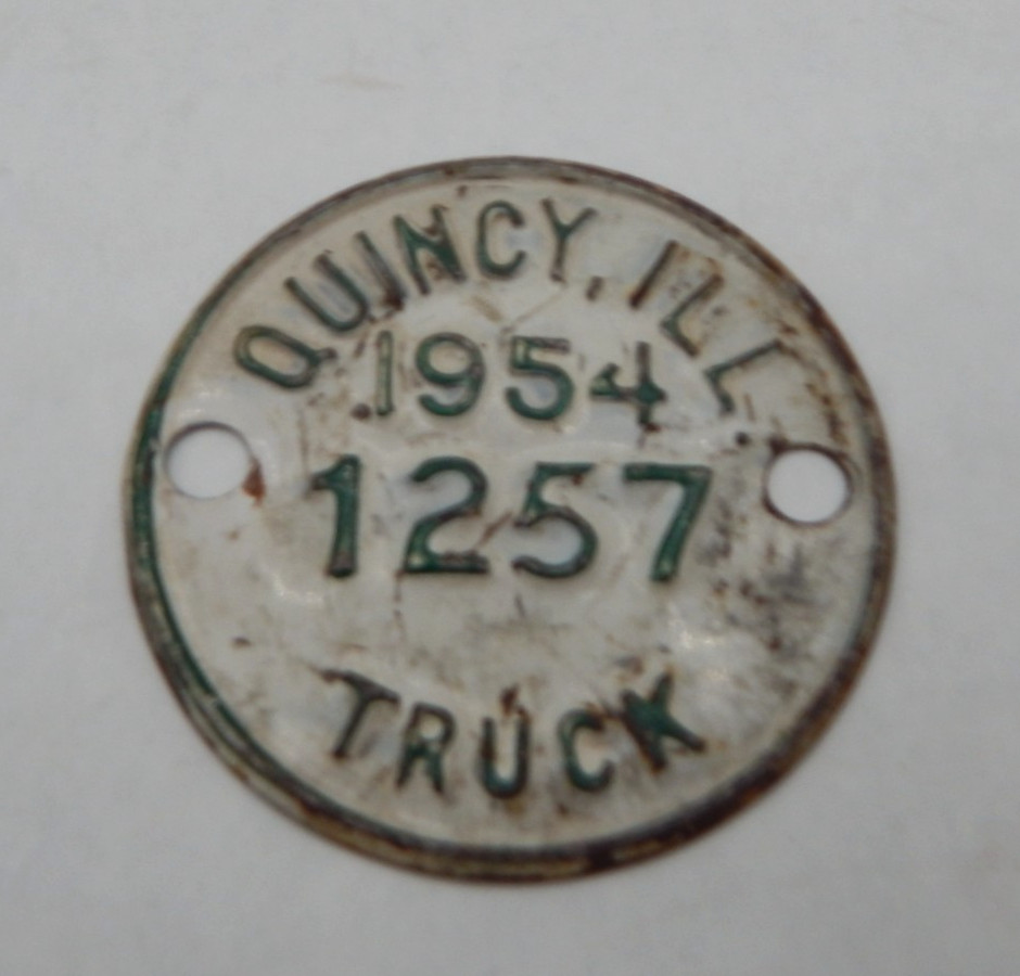 Vintage 1954 Quincy Illinois Vehicle Tax Tag Truck