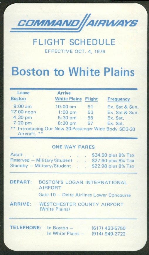 Command Airways Boston-White Plains airline timetable 10/4 1976