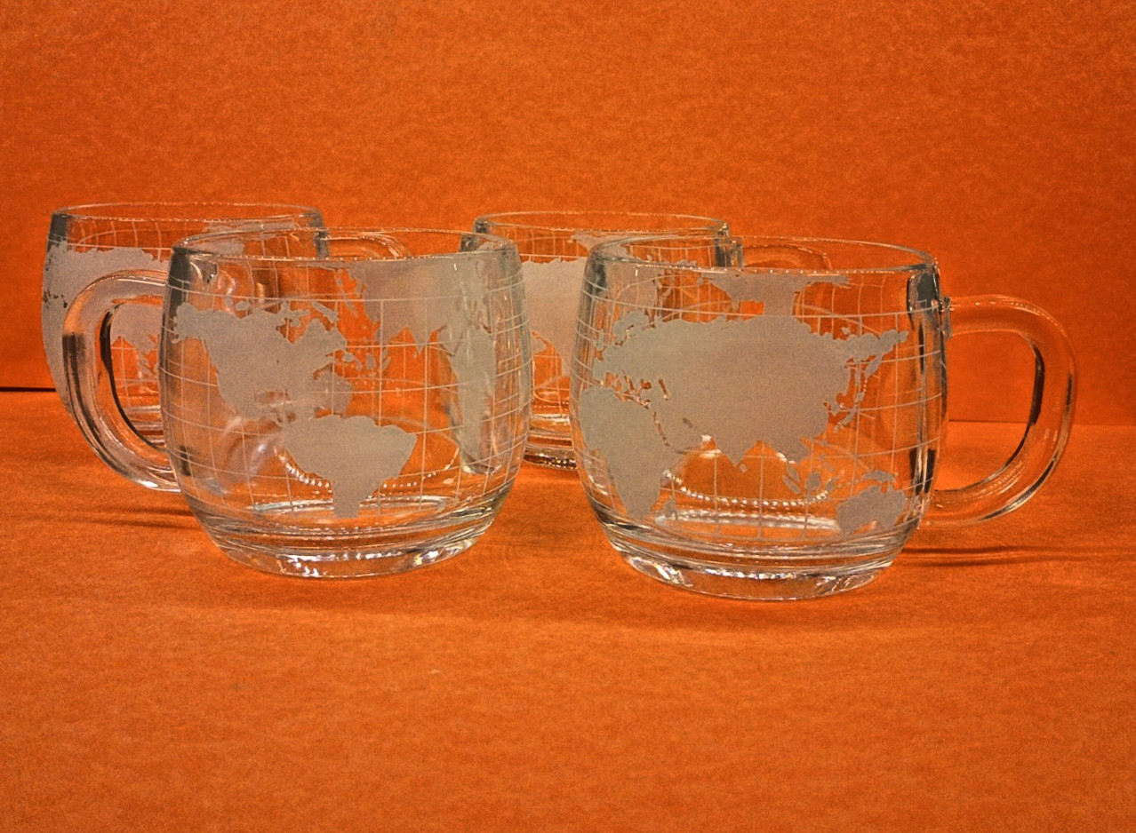 4 Vintage Nestle Nescafe World Globe Coffee Mugs Cups Clear Frosted Etched Glass