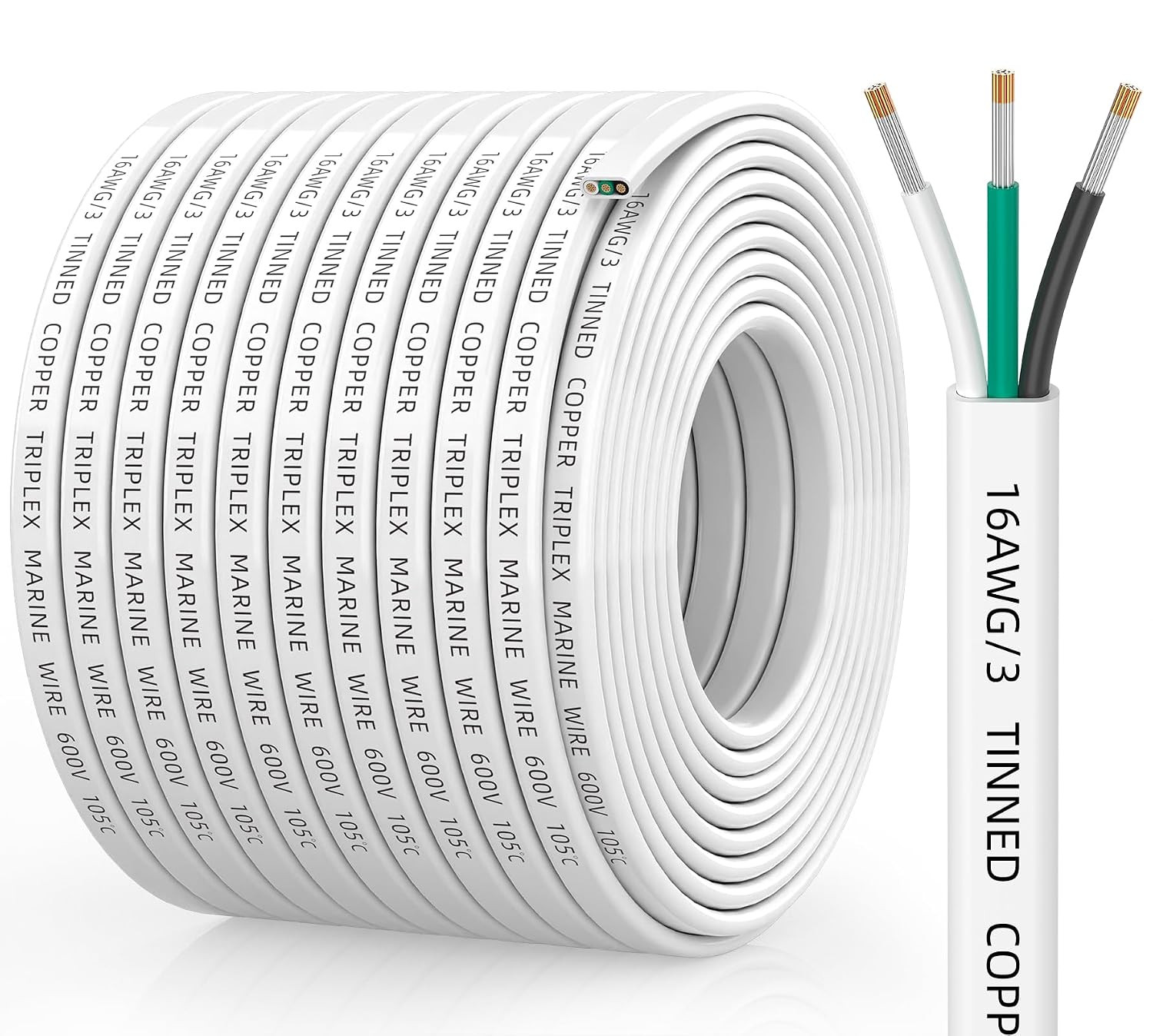 16 Gauge Marine Wire, 16/3 Triplex Tinned Copper Marine Wire, 100FT | Flexible, 16 Gauge Marine Wire, 16/3 Triplex Tinned Copper Marine Wire, 100FT | Flexible,