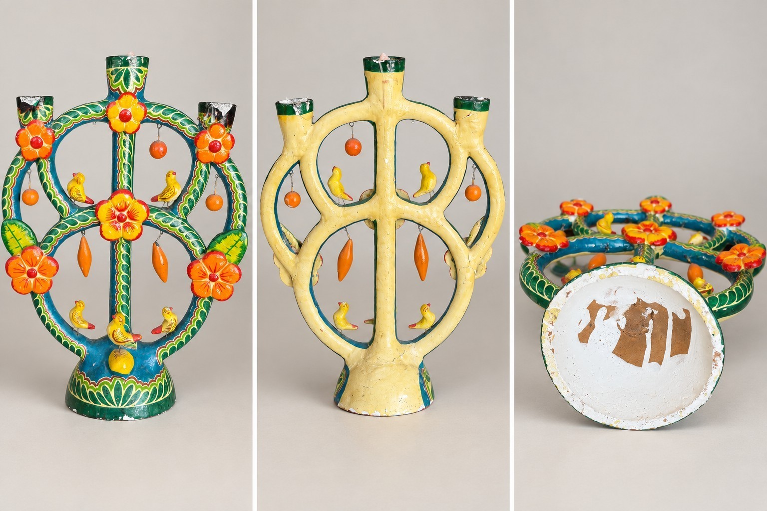 Vtg Mexican Tree Of Life Pottery Candle holder Candelabra Colorful Handmade