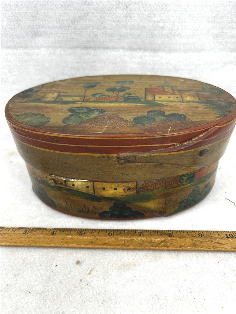 antique early oval pantry box rose head nails hand painted scene original 18thc