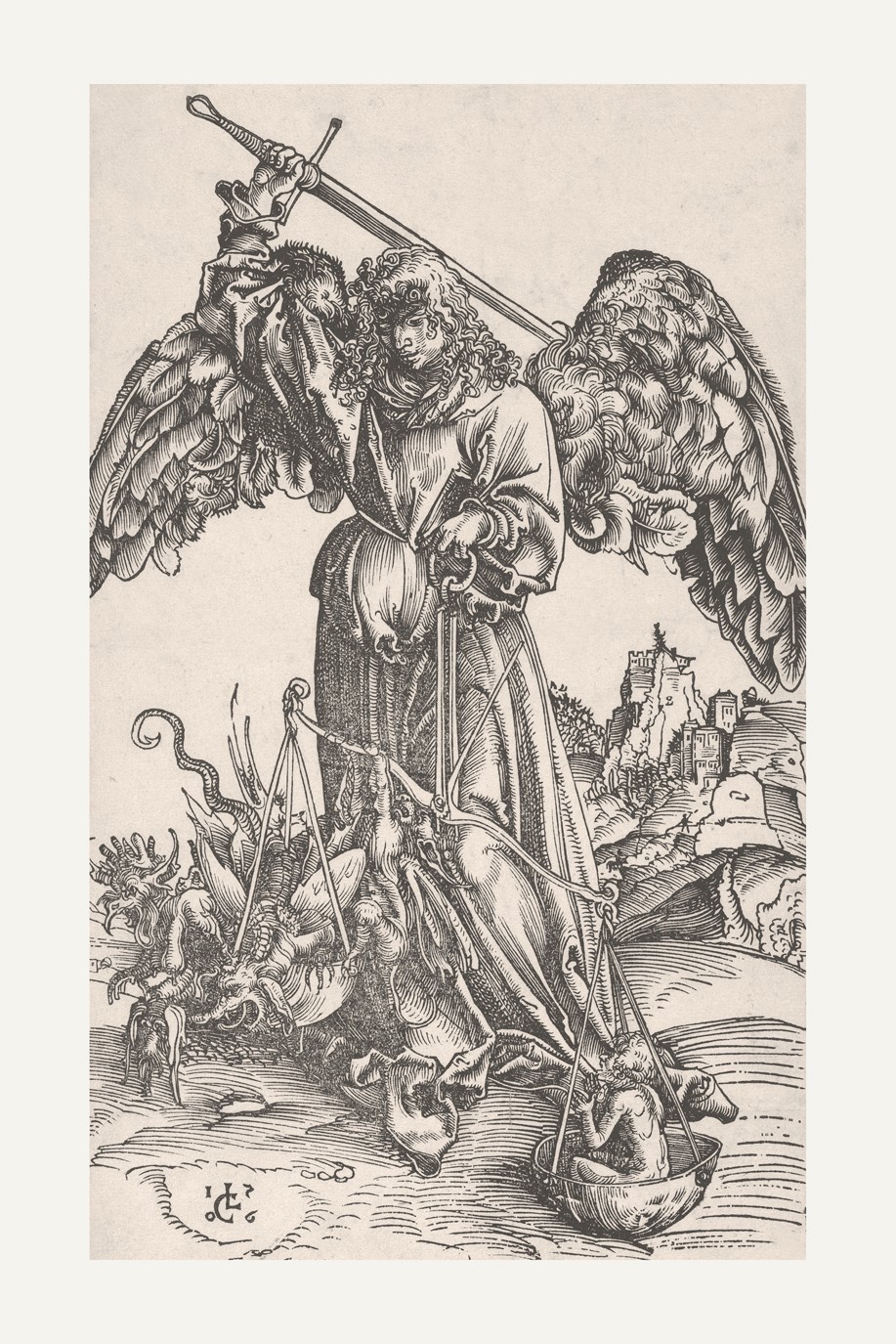 Saint Michael the Archangel Weighing Soul, Catholic art Cranach engraving print Saint Michael the Archangel Weighing Soul, Catholic art Cranach engraving print