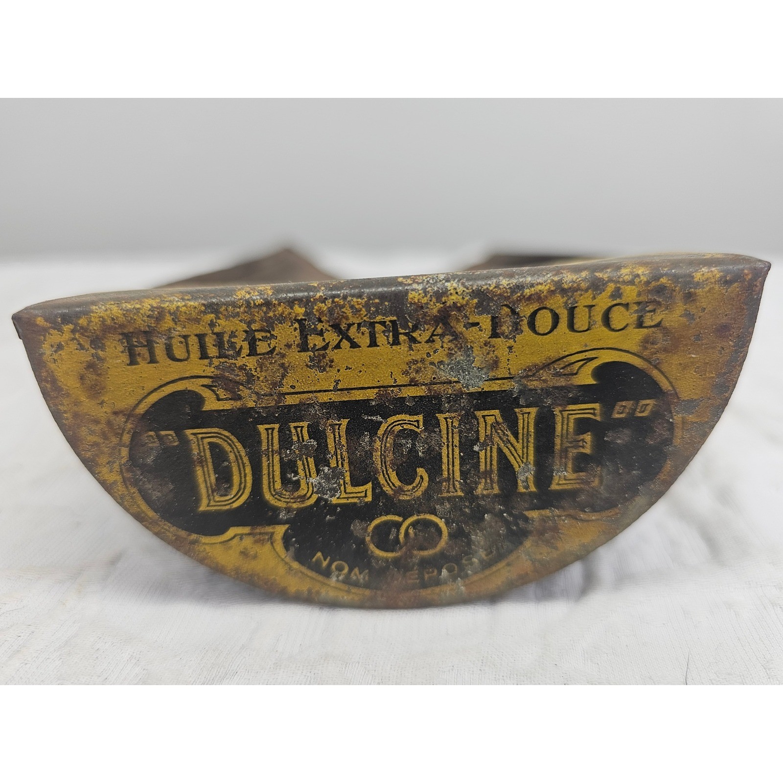 Dulcine Antique French Tin Oil Scoop Container Brown Yellow Fair Rustic Litho