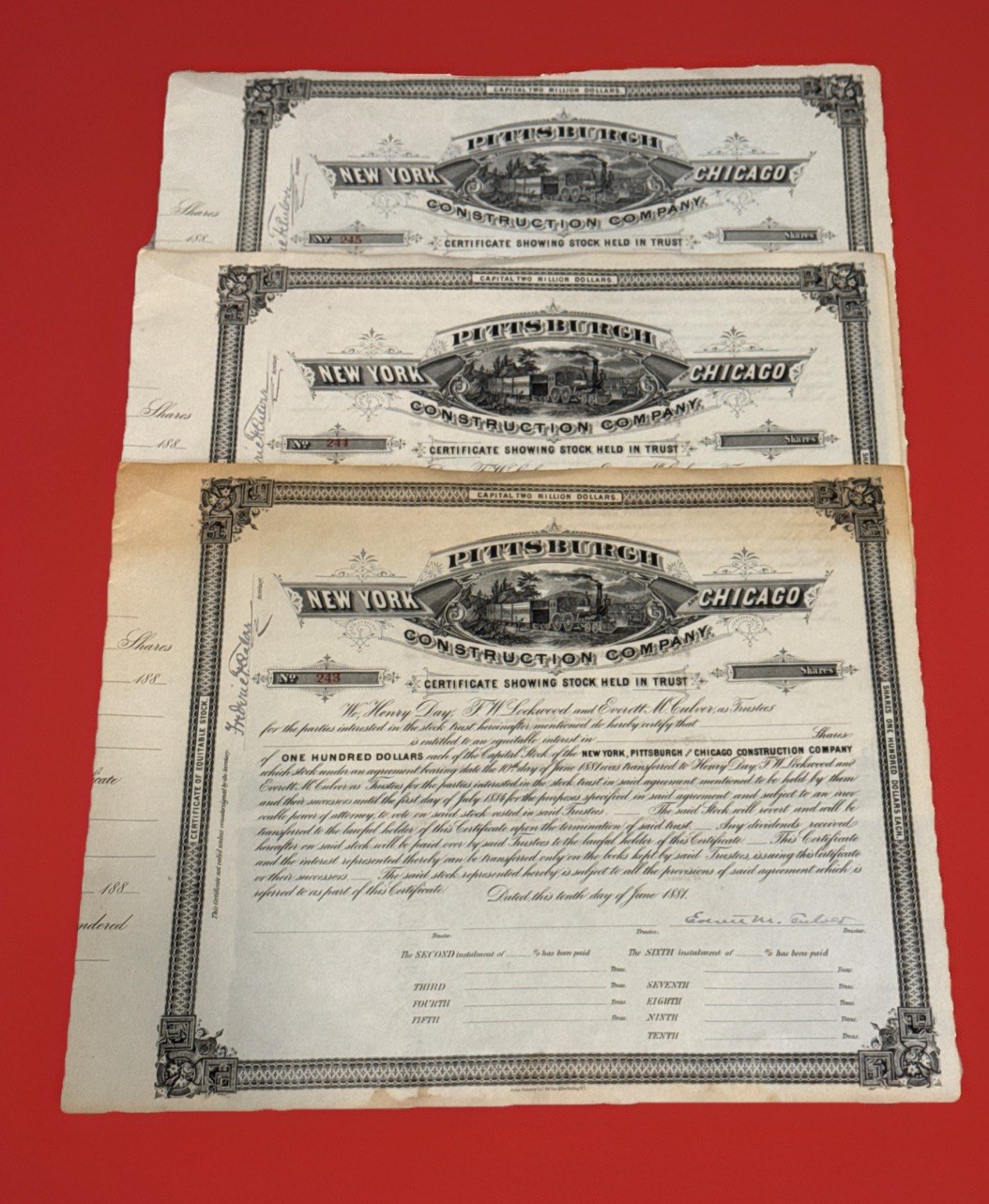 1881 NY Pittsburgh& Chicago Construction Stocks(3) E M Culver Trustee Golden Age