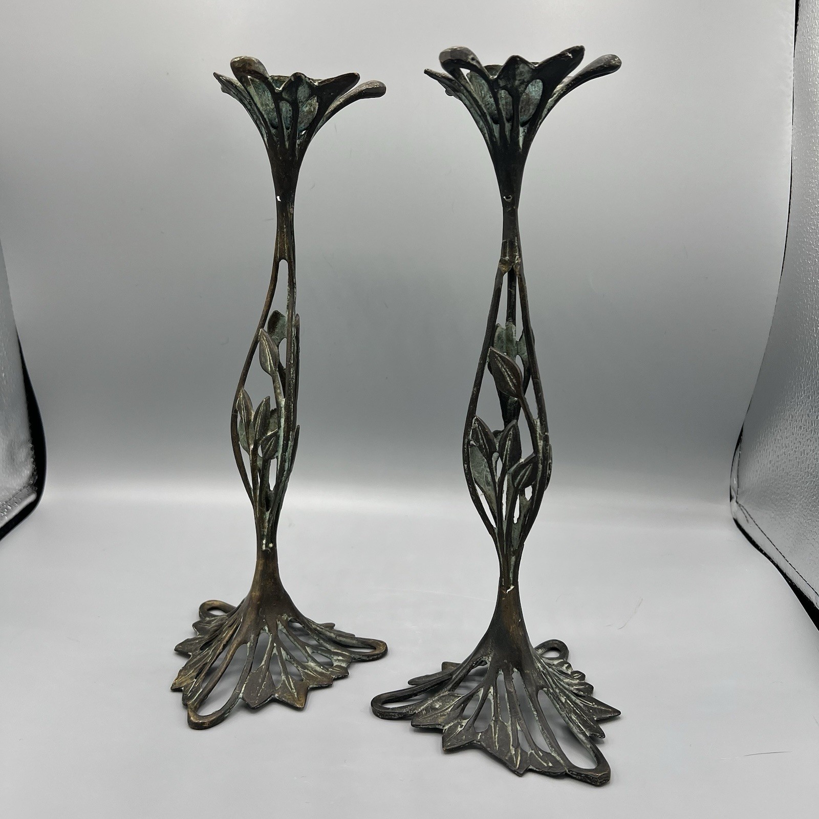 2 Large Art Nouveau Art Deco Candlesticks Floral Painted Bronze Style Finish