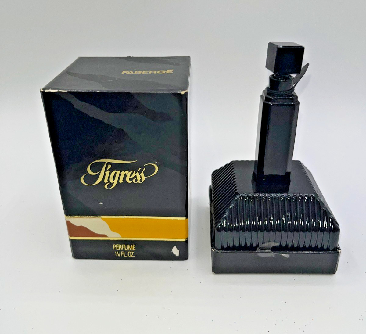 Vintage Tigress by Faberge Mini Perfume Bottle Black Empty Bottle with Box/stand