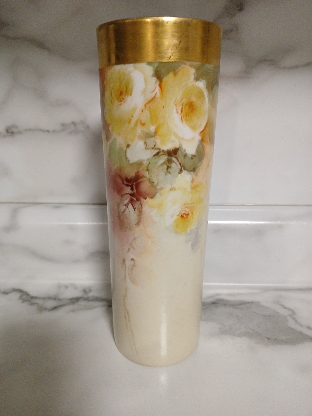 Limoges France W. G. Hand Painted  Vase 9.5 Tall Gold Trim Yellow Roses